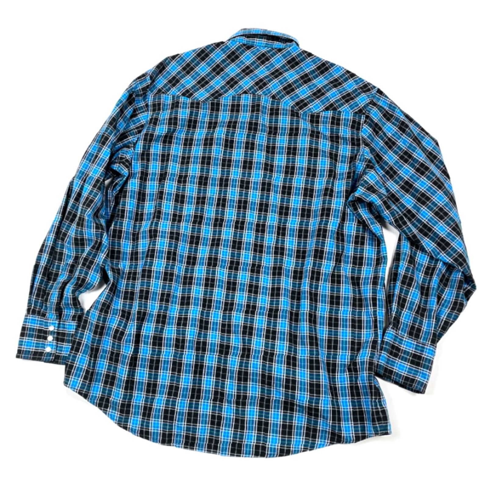 Wrangler VINTAGE Wrangler Wrancher Blue Black Plaid Western Shirt Men 2XL Pearl Snap Button Casual Workwear Cotton Blend Pockets Long Sleeve Size US XXL / EU 58 / 5 - 2 Thumbnail