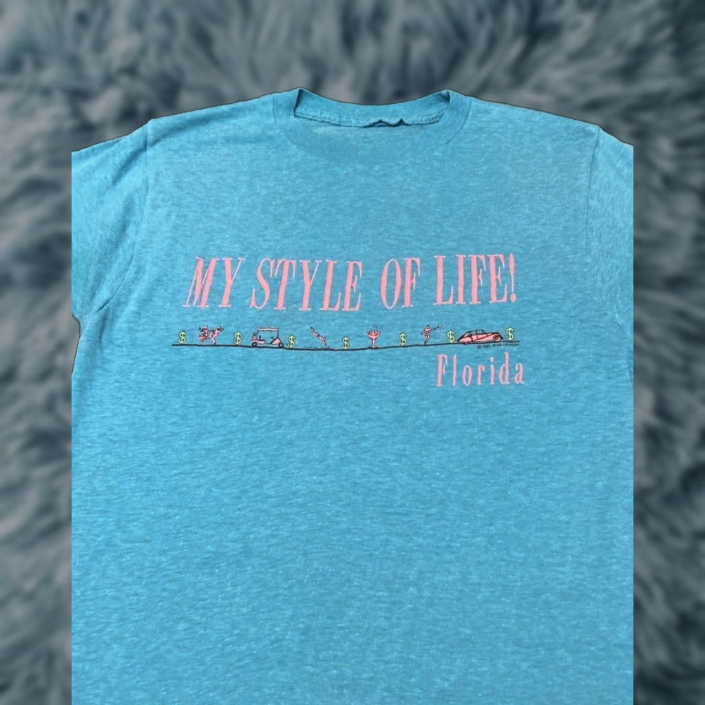 Alife VINTAGE 80s 90s My Style Of Life Florida Rich Lifestyle Miami 1985 VTG Shirt M Blue Mens T-Shirt Regular Short Sleeve Size US M / EU 48-50 / 2 - 1 Thumbnail