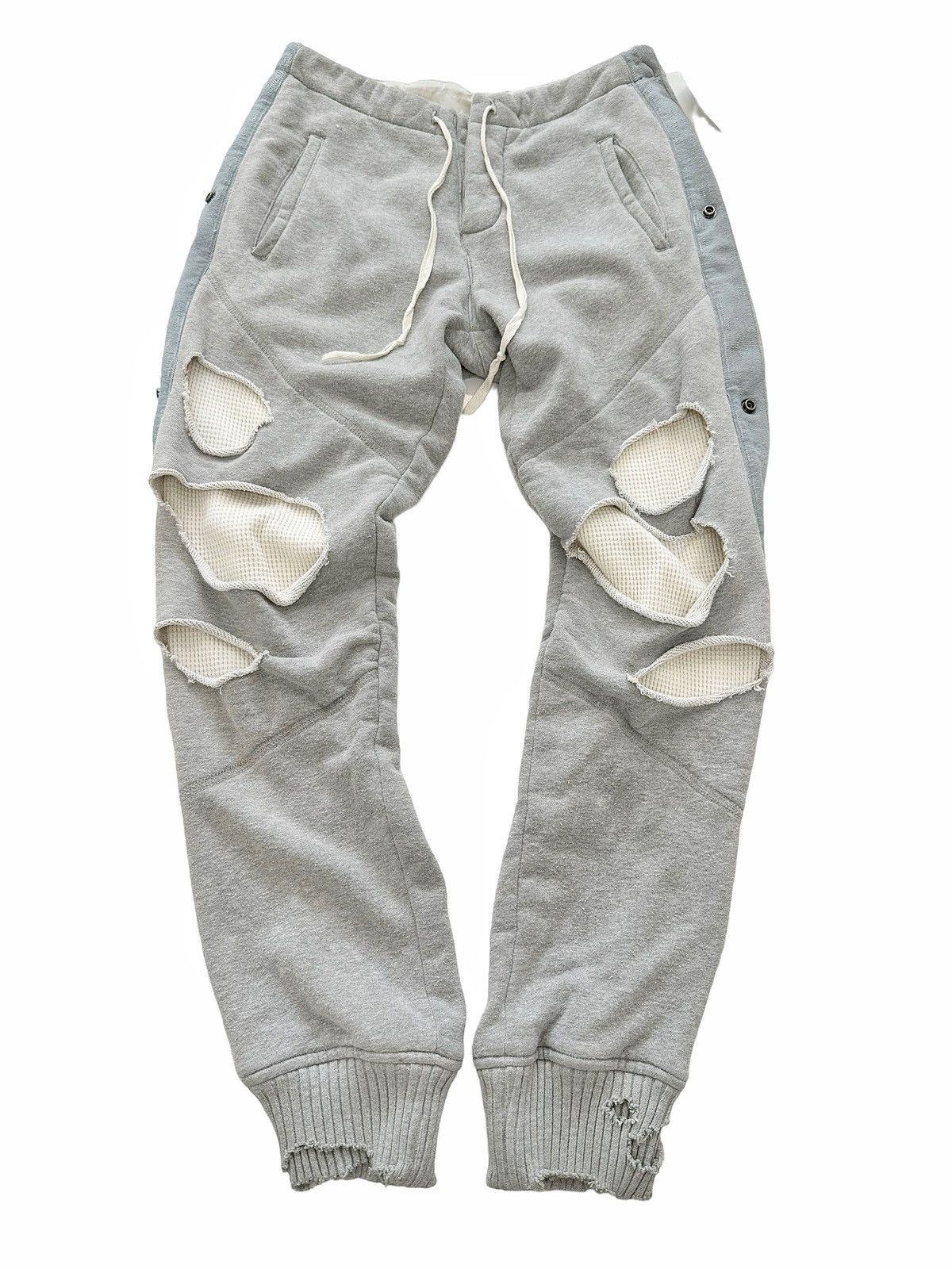 image of Greg Lauren Og Sz0 Sample Slashed Distressed Layered Terry Sweats in Grey, Men's (Size 28)