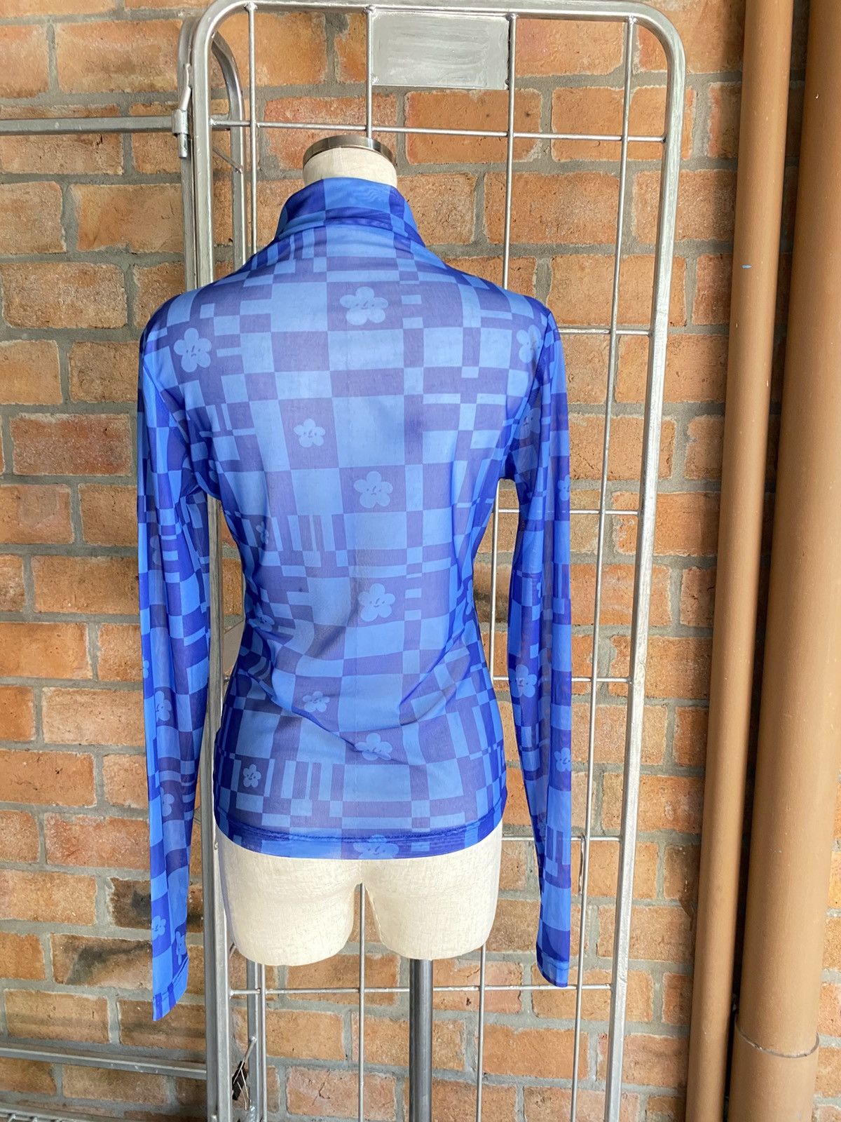 Japanese Brand Blue Sheer Checkered Floral Turtleneck Top Size S / US 4 / IT 40 - 3 Thumbnail