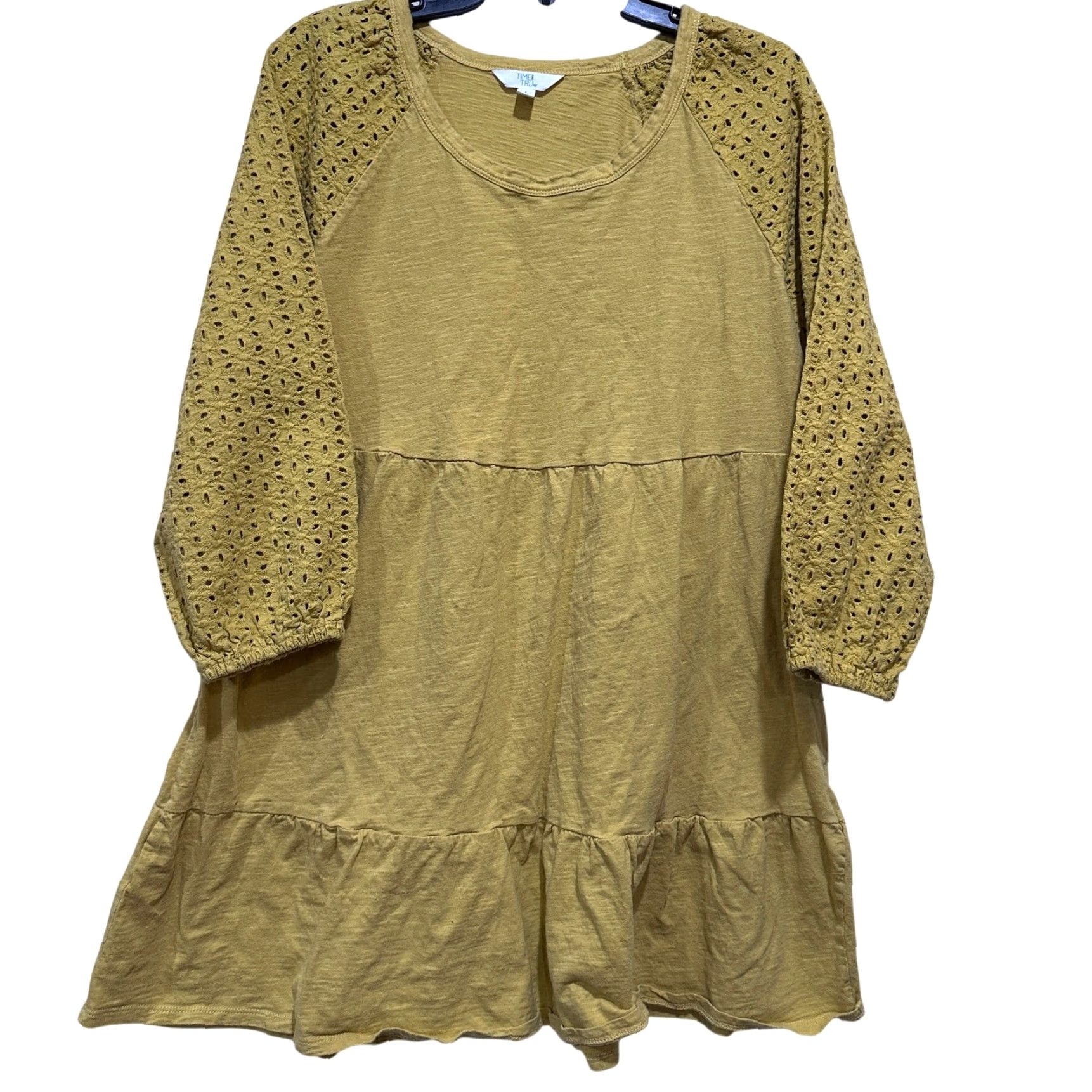 Vintage Time and Tru Tunic Dress Women L Yellow Eyelet Long Sleeve Boho A-Line 100% Cotton Knee Length Casual Size L / US 10 / IT 46 - 2 Thumbnail