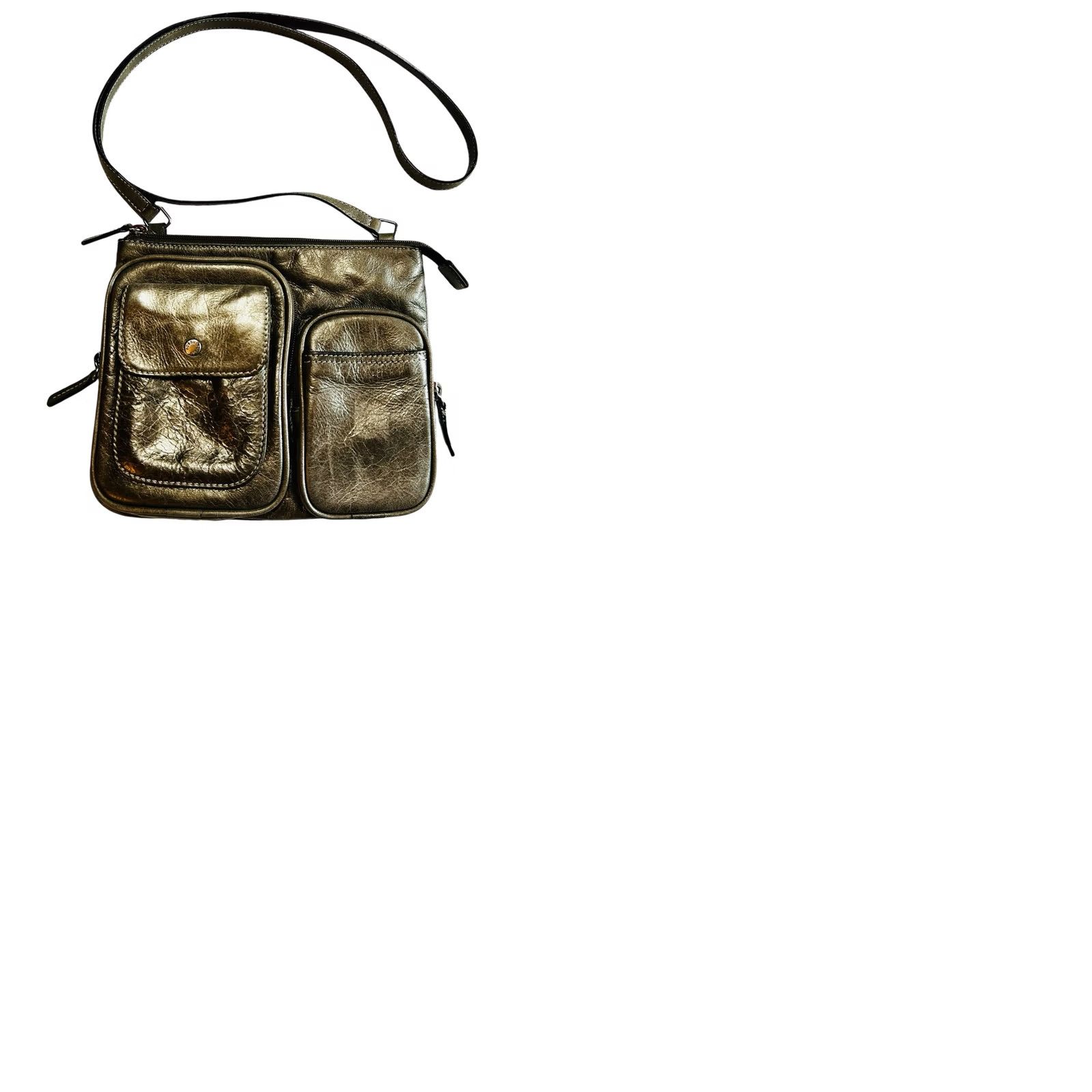 Fossil Fossil Kinley Crossbody Crossbody Purse Shoulder Handbag Women’s Gray Metallic Leather Pebbled Zip Adjustable Strap Womens Small Vintage? Size ONE SIZE - 11 Thumbnail