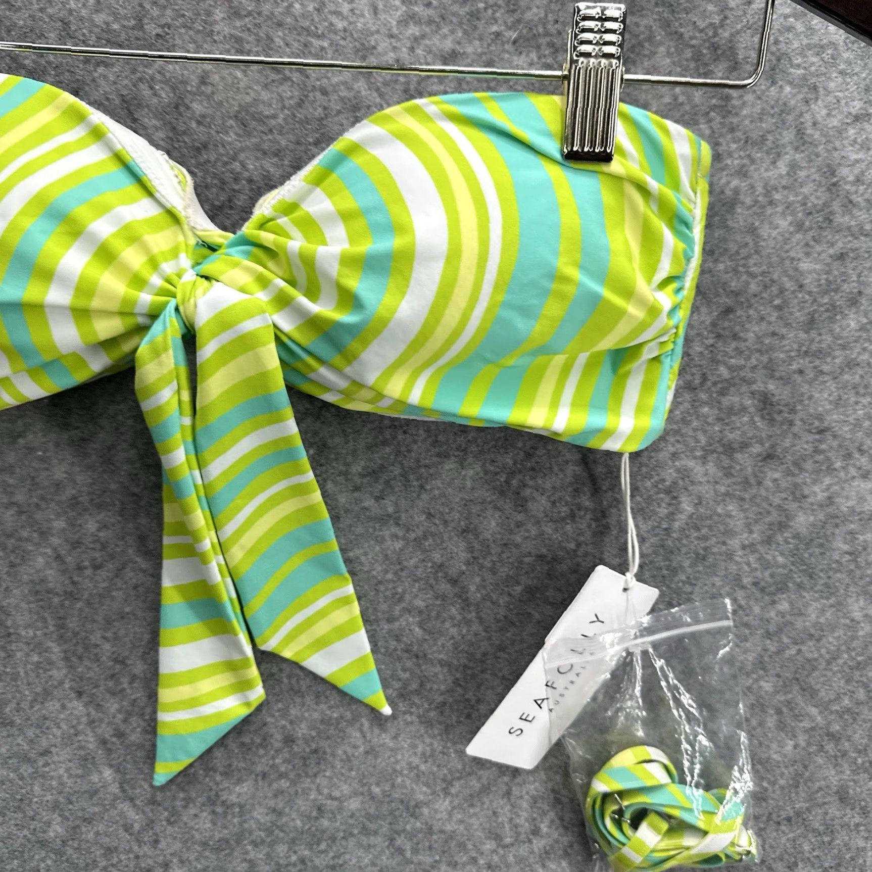 Vintage Seafolly Women's Tie Front Bandeau Bikini Top 6 AU Lime Green Geometric 70s 80s 90s Swimsuit Size M / US 6-8 / IT 42-44 - 6 Thumbnail