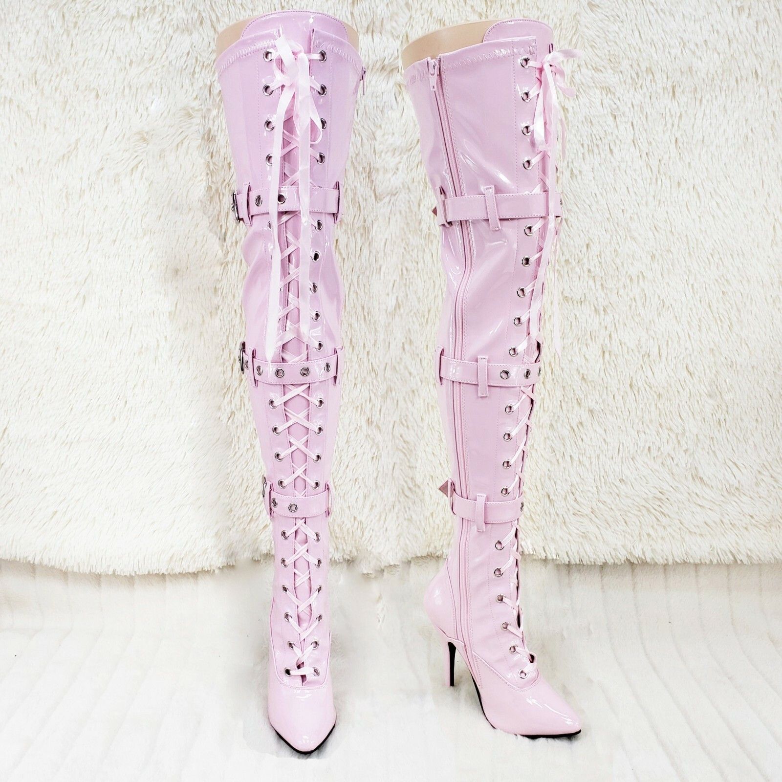 Other Seduce 3028 Baby Pink Lace Up Thigh High Boots 5" Stiletto H Size US 8 / IT 38 - 5 Thumbnail