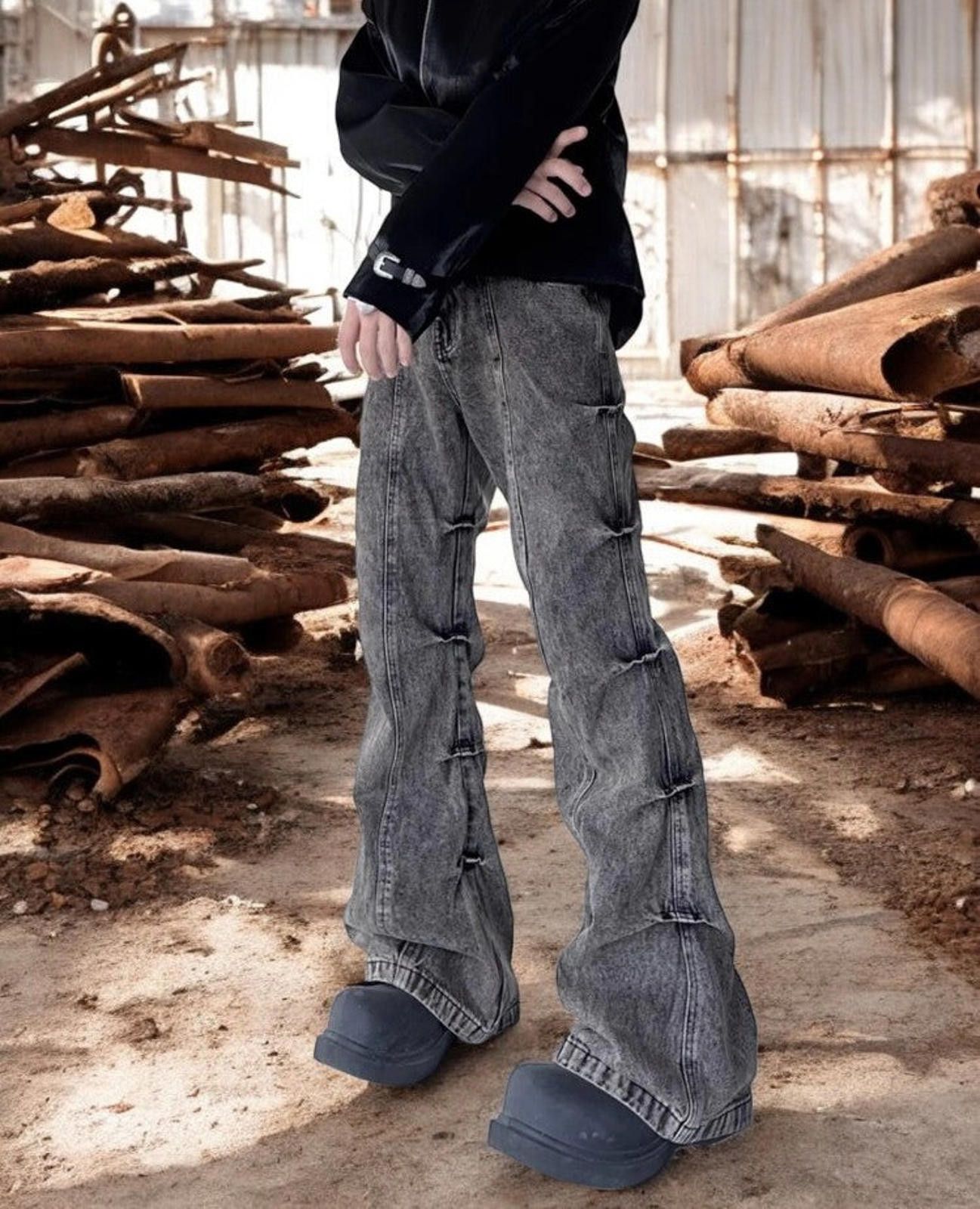 Jean Pleated Stacked Long Denim Jeans Size US 31 - 1 Thumbnail
