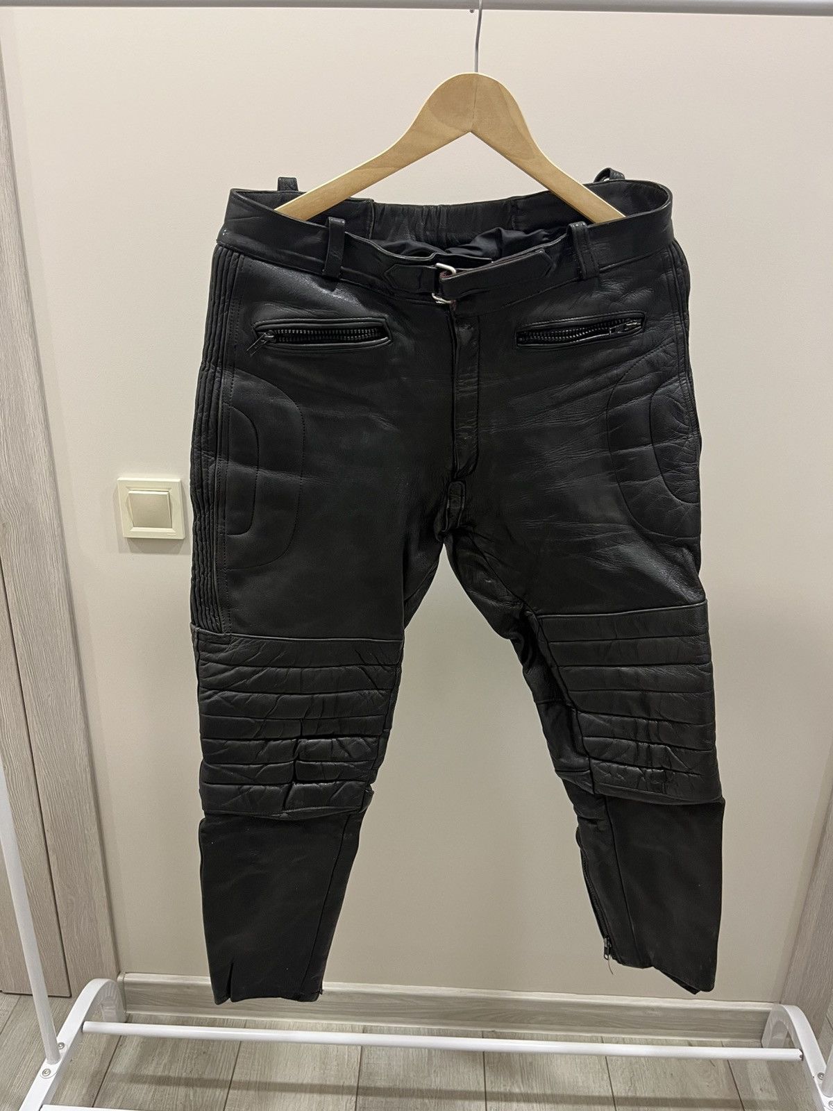Leather VINTAGE NAVY MOTOR CYCLE J&S LEATHER PANTS WITH PADS Size US 34 / EU 50 - 1 Thumbnail
