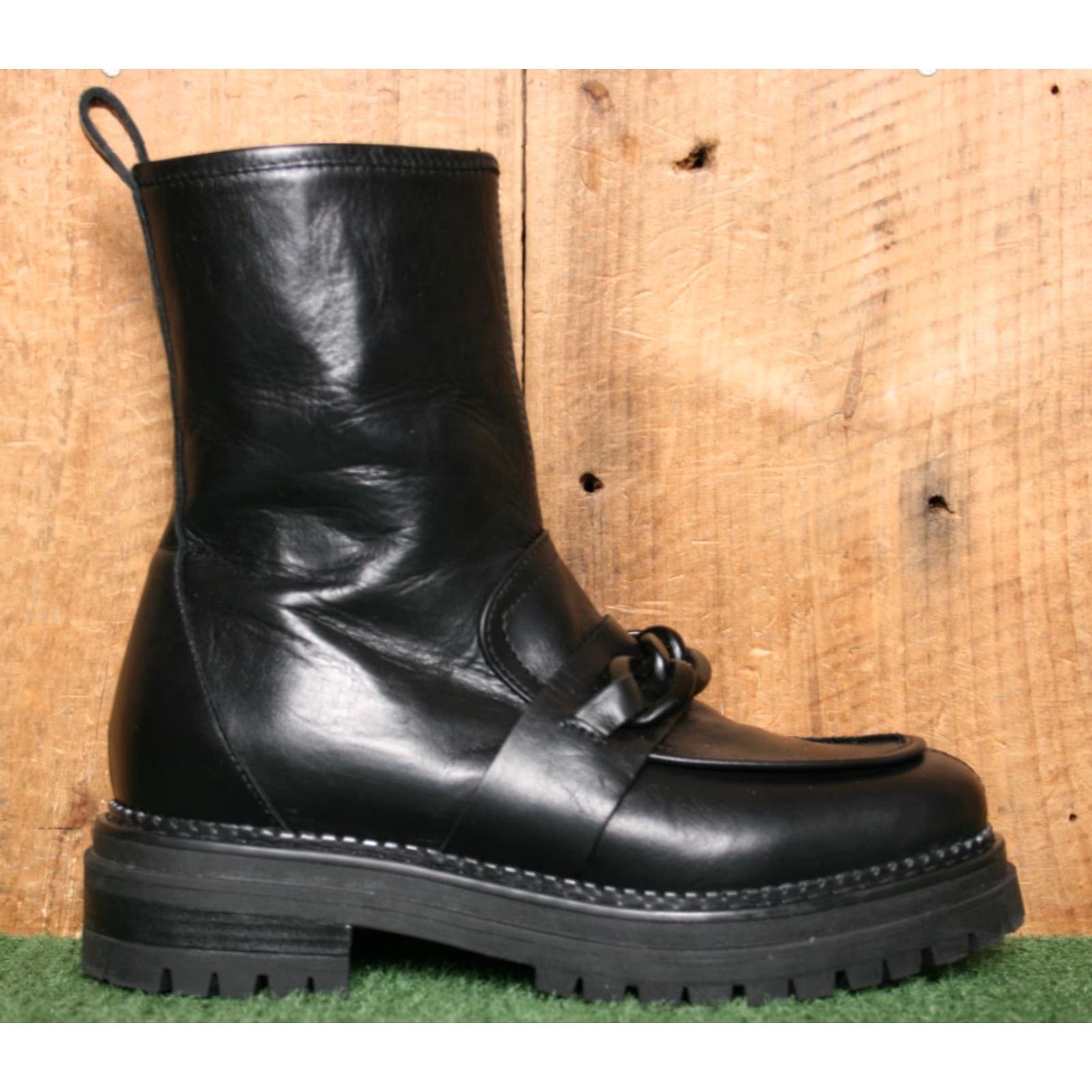 Vintage NAPOLEONI Black Leather Chain Strap Lug Sole High Ankle Boots EUR 37 US 6.5-7 Women Combat Zip Clear Shelf Wear Italy Leather Boots Size US 6.5 / IT 36.5 - 2 Thumbnail