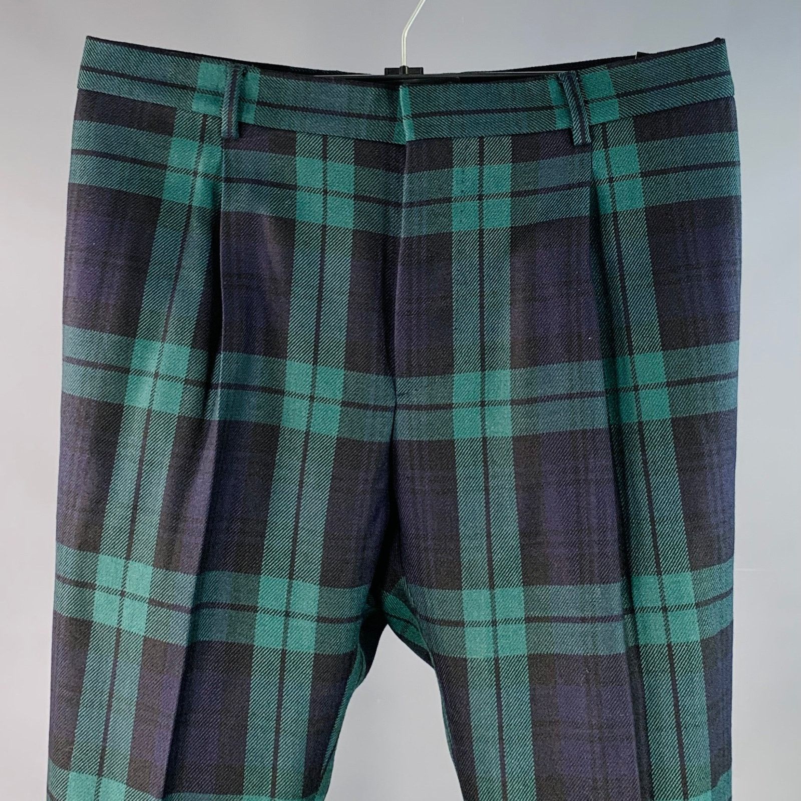 Valentino Size 32 Navy Green Plaid Wool Pleated Tapered Dress Pants |  Grailed