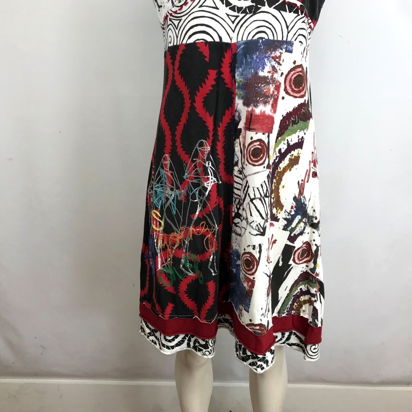 Vintage Kessley Women's Midi Dress V-Neck Cap Sleeve Abstract Print Geometric Art Sundress A-Line Small White Size L / US 10 / IT 46 - 3 Thumbnail
