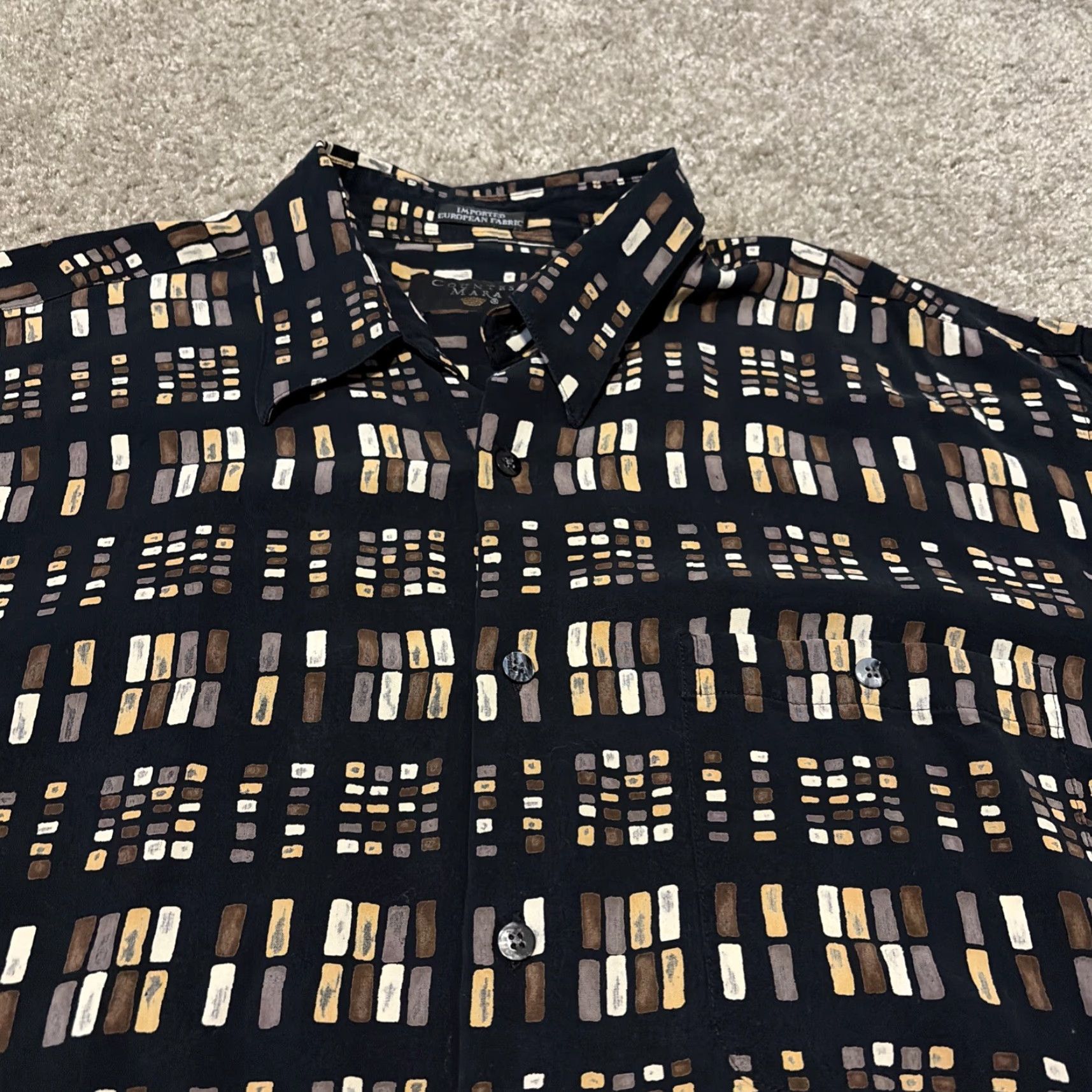 Countess Mara VINTAGE Countess Mara Black Brown Geometric Pattern Button Up Shirt Large 90s Men Short Sleeve L Brown Black Geometric 90s Button Up Shirt Mens Size US L / EU 52-54 / 3 - 3 Thumbnail