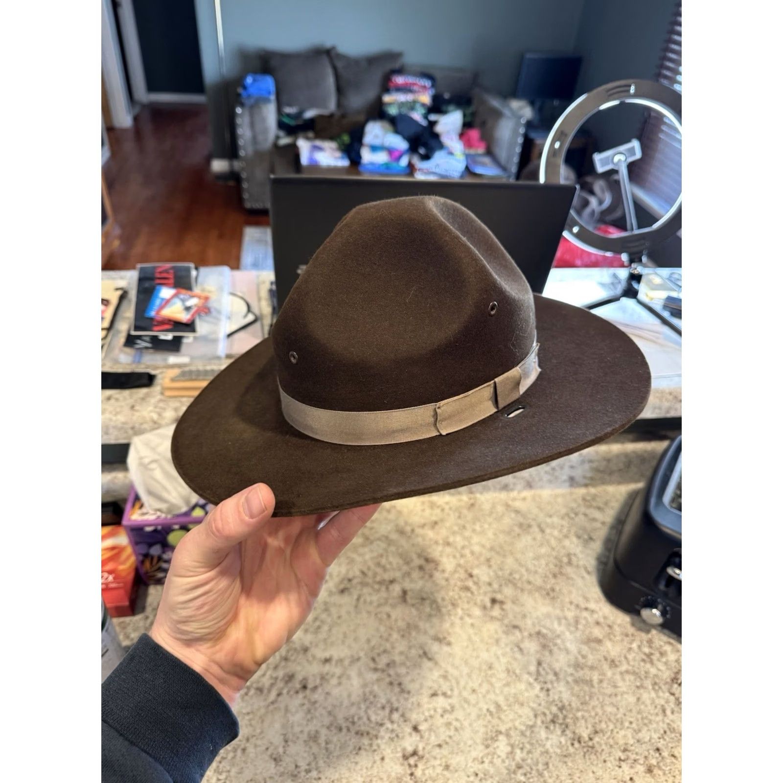 FELT VINTAGE Stratton Self Forming Drill Sergeant Instructor Wool Felt Hat 6 3/4 USA Strapton Stratton Campaign Hat Men Brown Wool Felt Hat USA 6 3/4 Size ONE SIZE - 2 Thumbnail