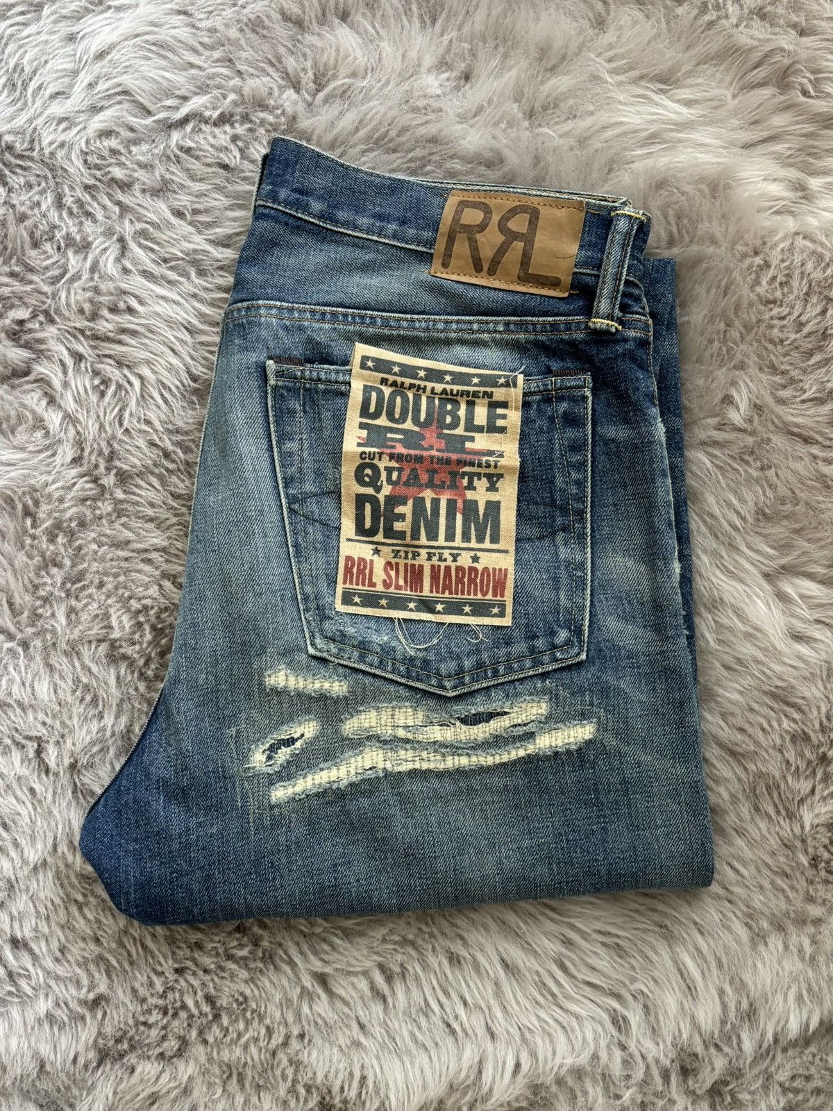RRL Distressed Slim Narrow Jeans