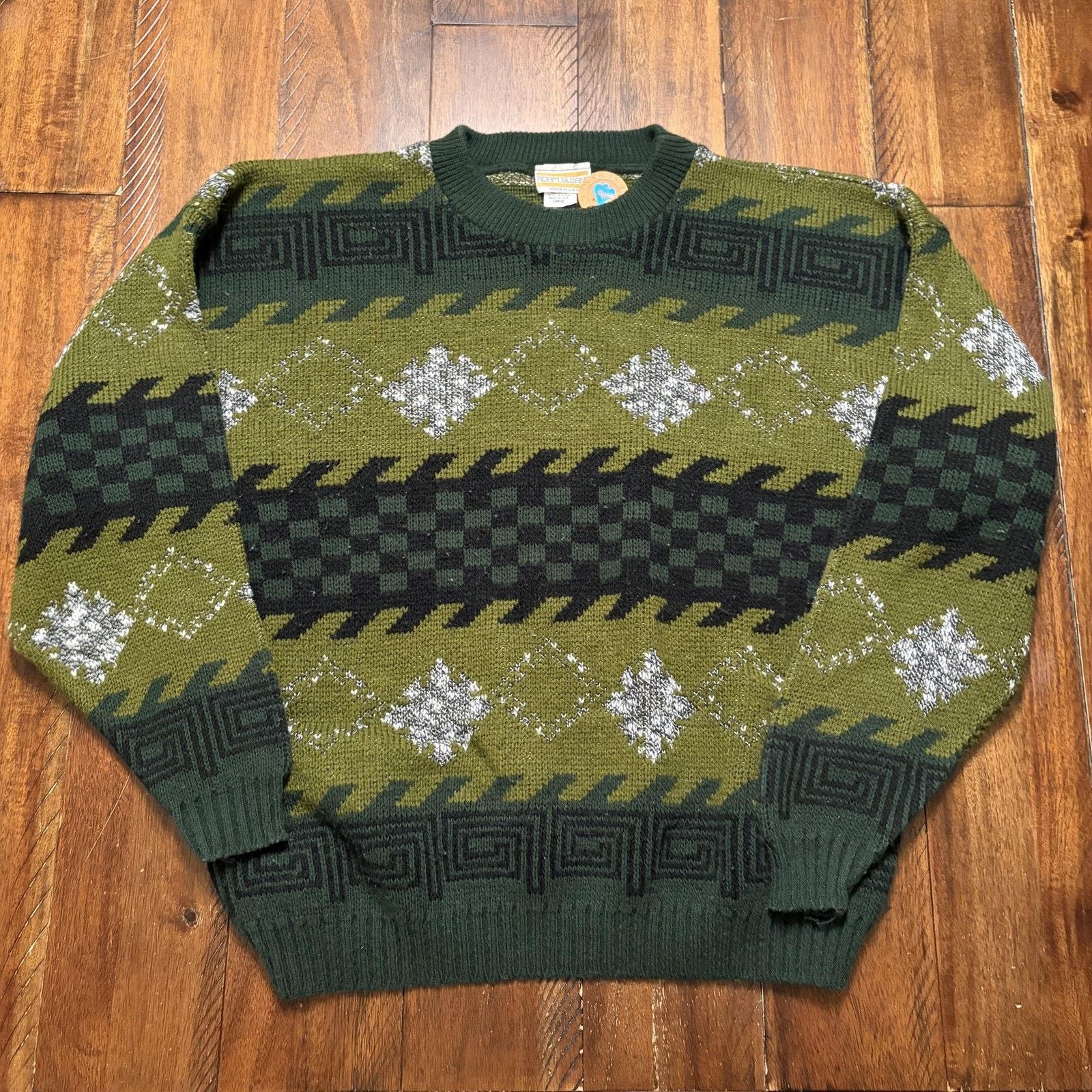 Vintage Vtg Adam Sloane Sweater Mens L Green Geometric Knit USA 90s Size US L / EU 52-54 / 3 - 2 Thumbnail