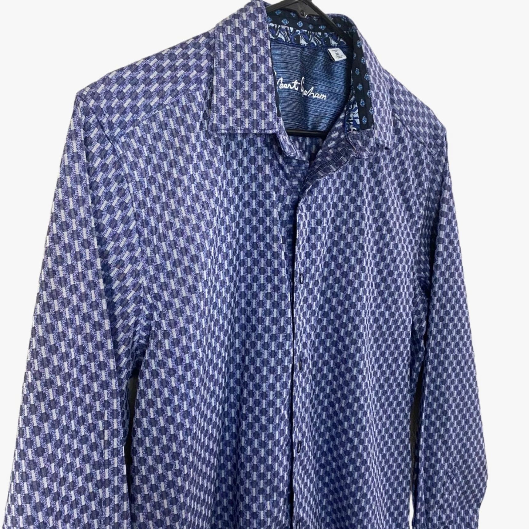 Robert Graham Robert Graham Geometric Button-Up Shirt Blue Mens M Contrast Cuffs Stretch Shirt Size US M / EU 48-50 / 2 - 4 Thumbnail