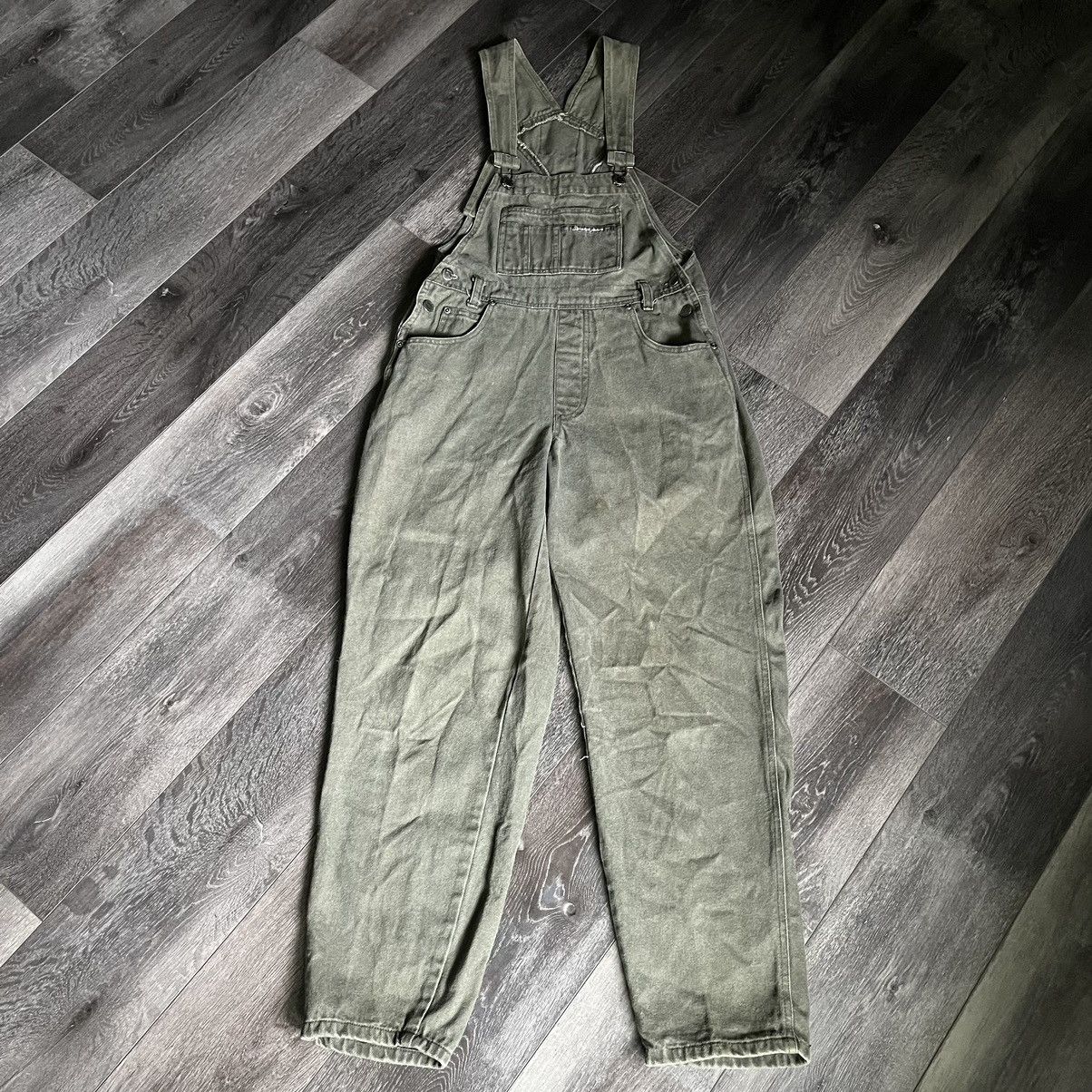 Vintage Vintage 1990s Squeeze Jeans Washed Olive Denim Jean Overalls Size US 29 - 1 Thumbnail