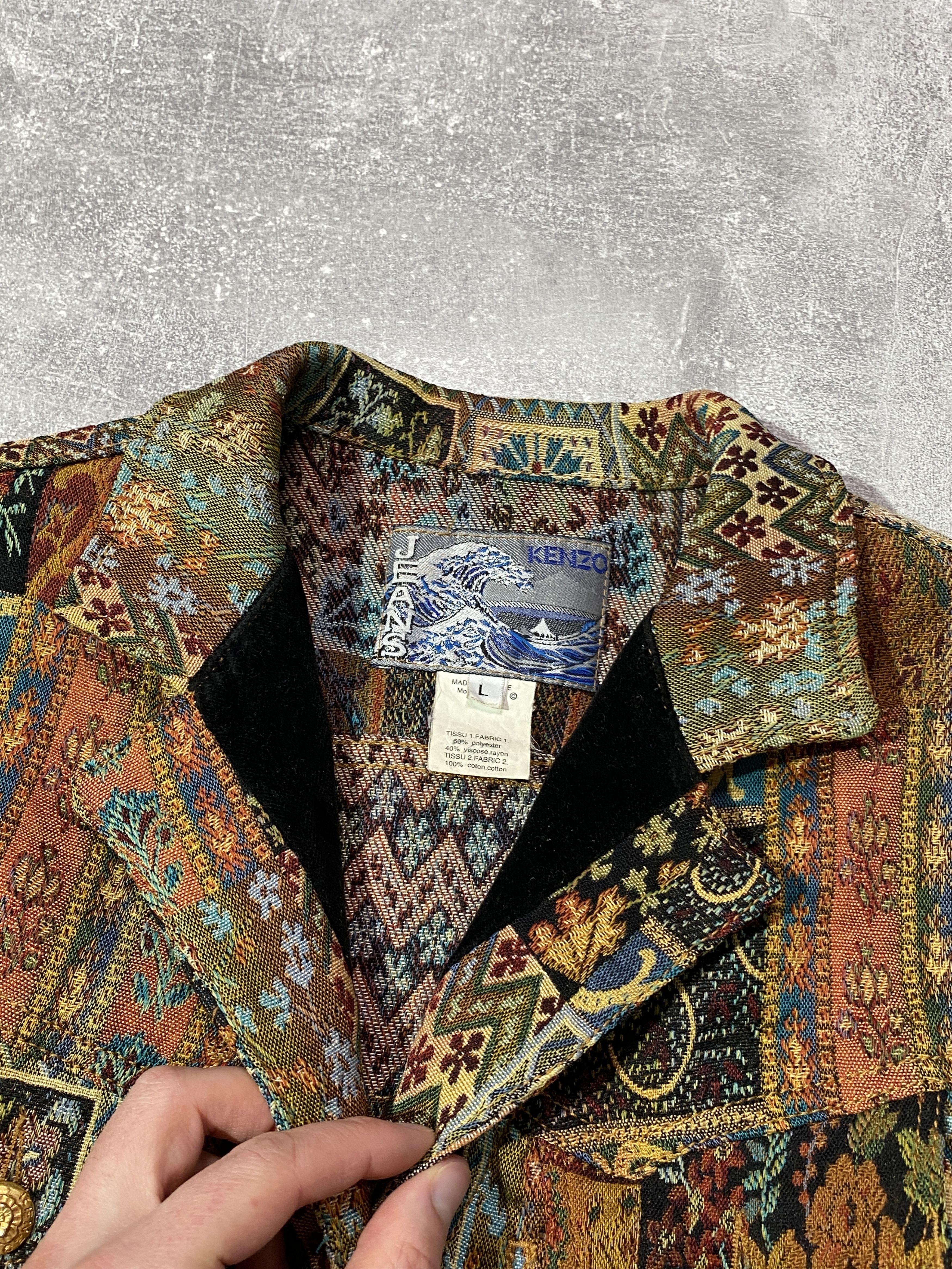Kenzo Vintage 80s KENZO Tapestry Boho Patchwork Blazer Coat Flora Size L / US 10 / IT 46 - 6 Thumbnail