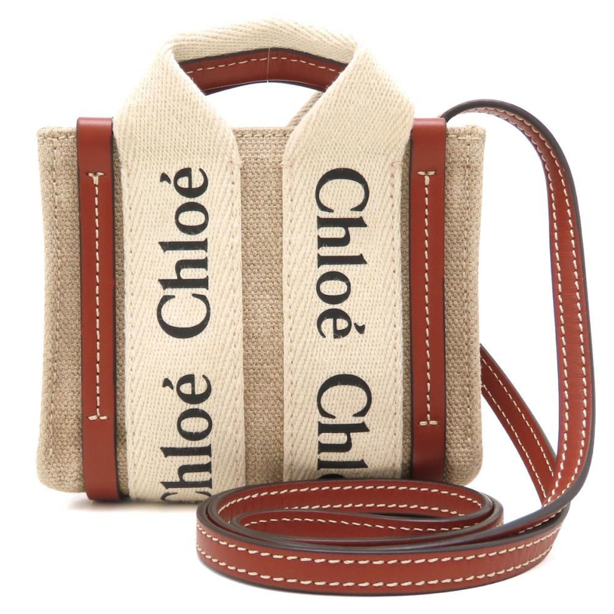 Chloe Chloe Woody Nano Tote CHC22AP235I26 Shoulder Bag Linen x Calfskin White Brown Women's 353476 Size ONE SIZE - 1 Thumbnail