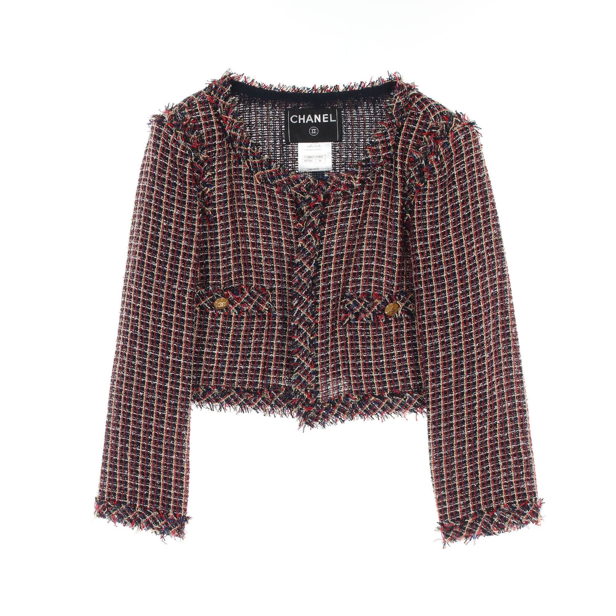 Chanel Chanel Short Tweed No-Collar Jacket Nylon Cotton Wool Black Red Multicolor Size ONE SIZE - 1 Thumbnail