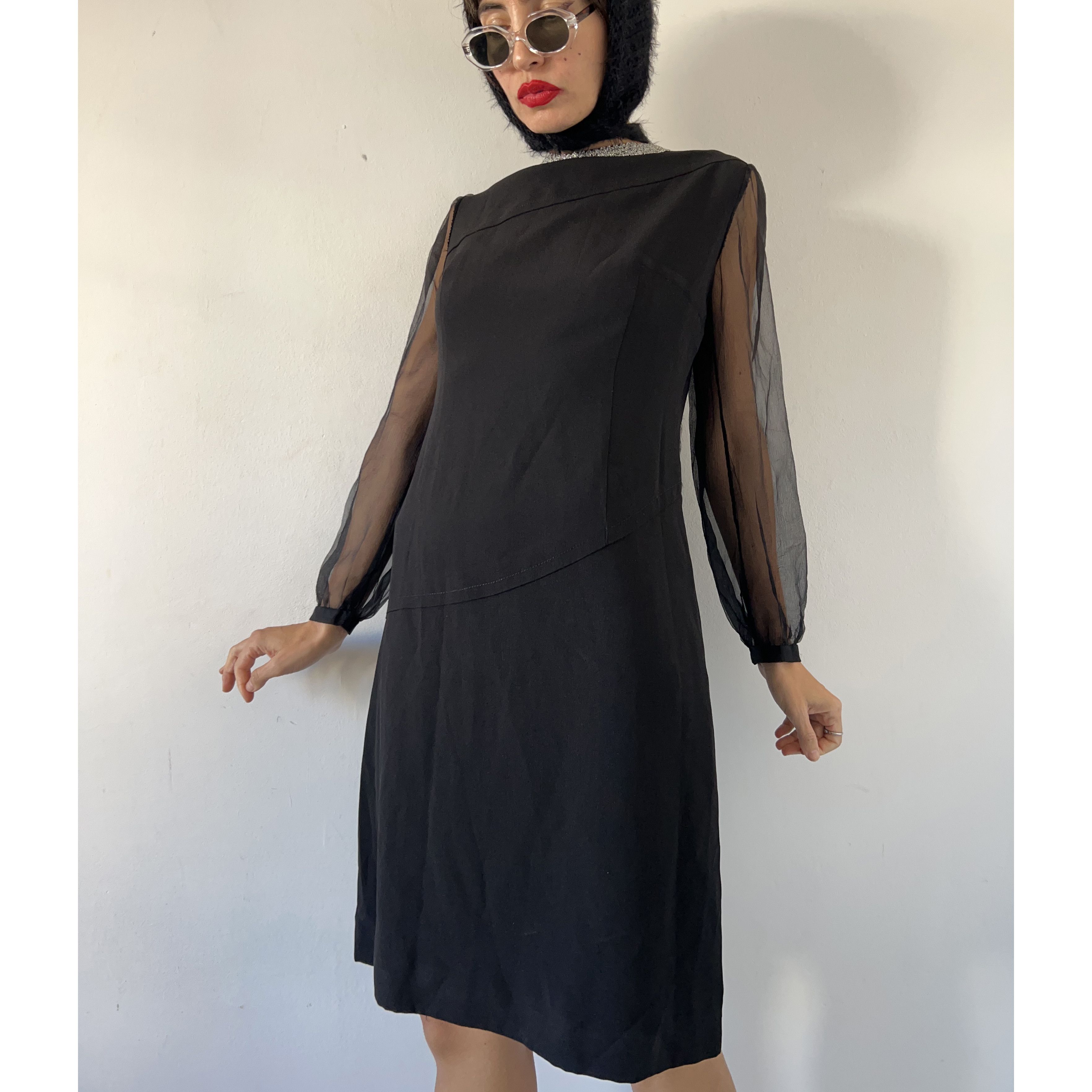Vintage Vintage 70s Black Formal Midi Dress sheer sleeves Size S / US 4 / IT 40 - 6 Thumbnail