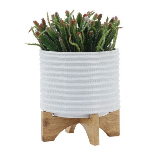 8 TEXTURED PLANTER W/ STAND, WHITE