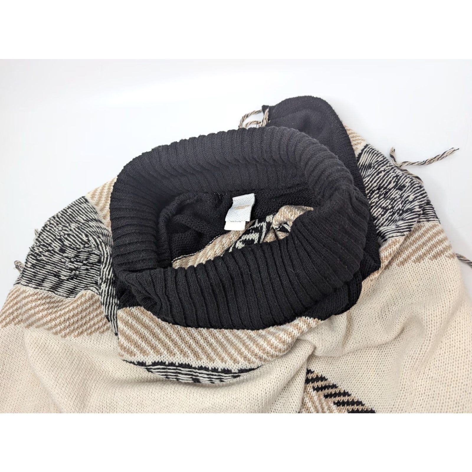 Vintage VINTAGE Northern Angel Sweater Poncho Womens S/M Black Beige Stripe Fringe Cowl Neck Size S / US 4 / IT 40 - 6 Thumbnail