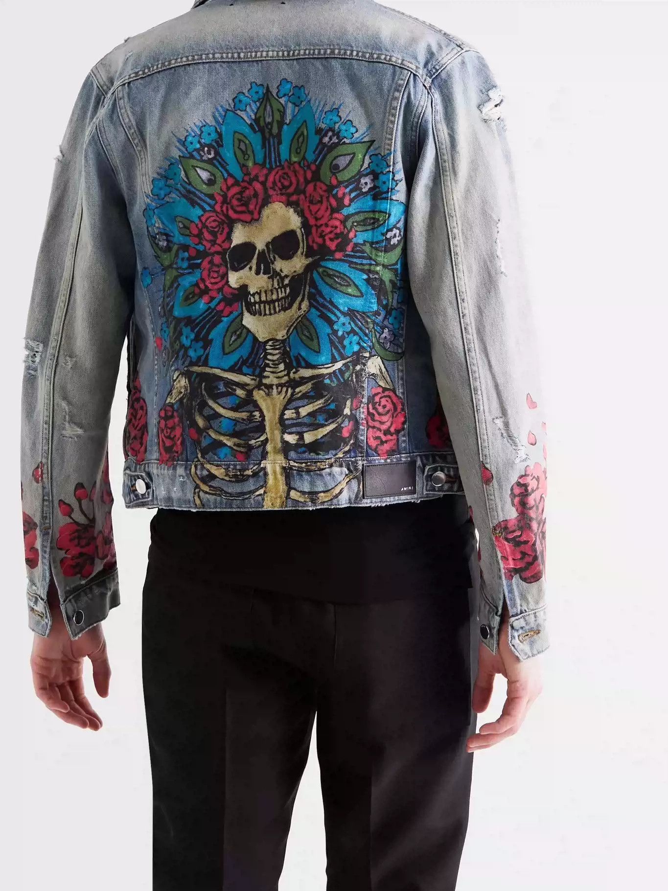 image of Amiri Emir Denim Jacket With 21Ss Grateful Dead Co-Branded Hand-Painted Skull Rose in Blue (Size Me