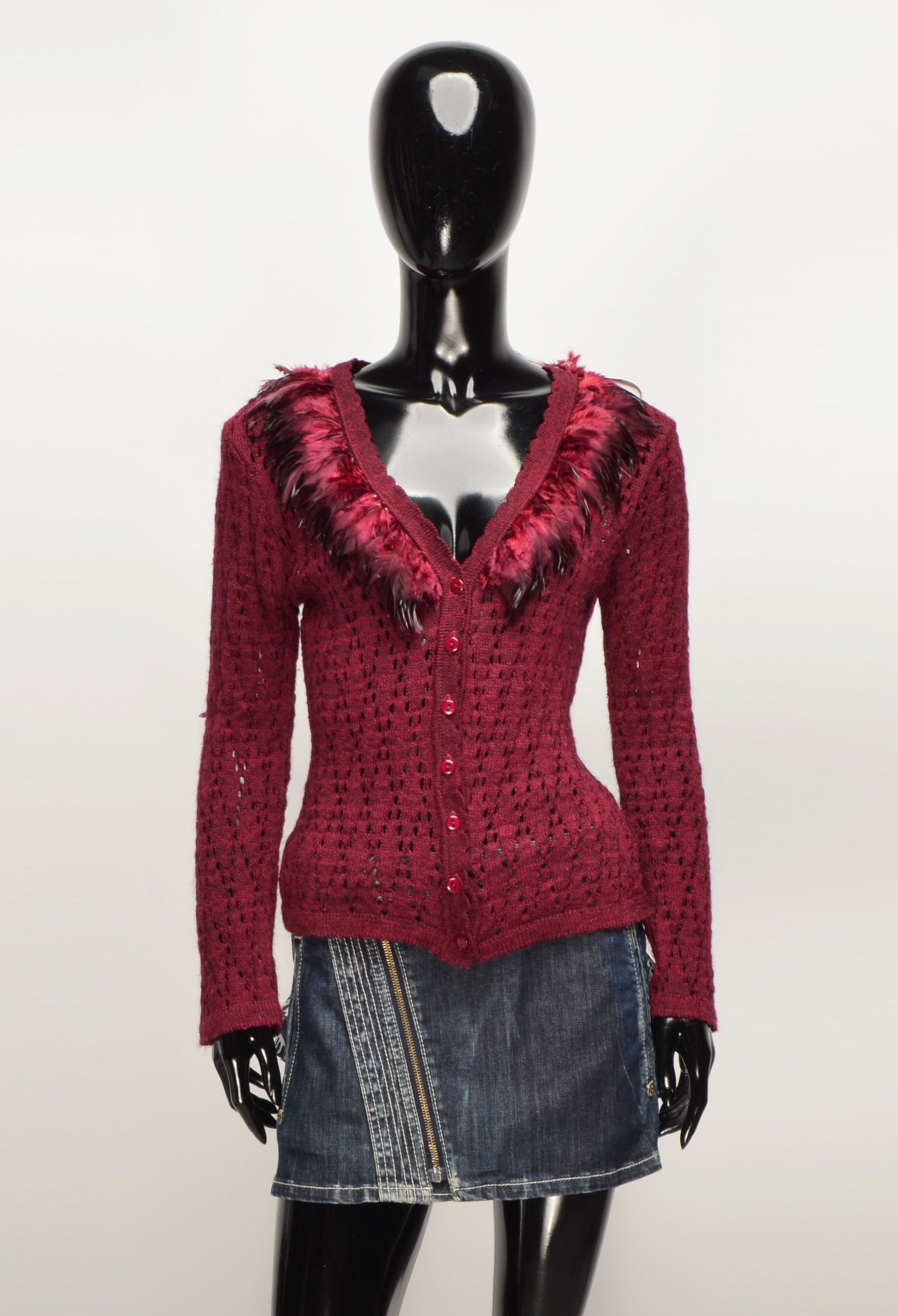 Vintage Vintage Jane Norman Y2K Feather Trim Sheer Knit Cardigan Size S / US 4 / IT 40 - 1 Thumbnail