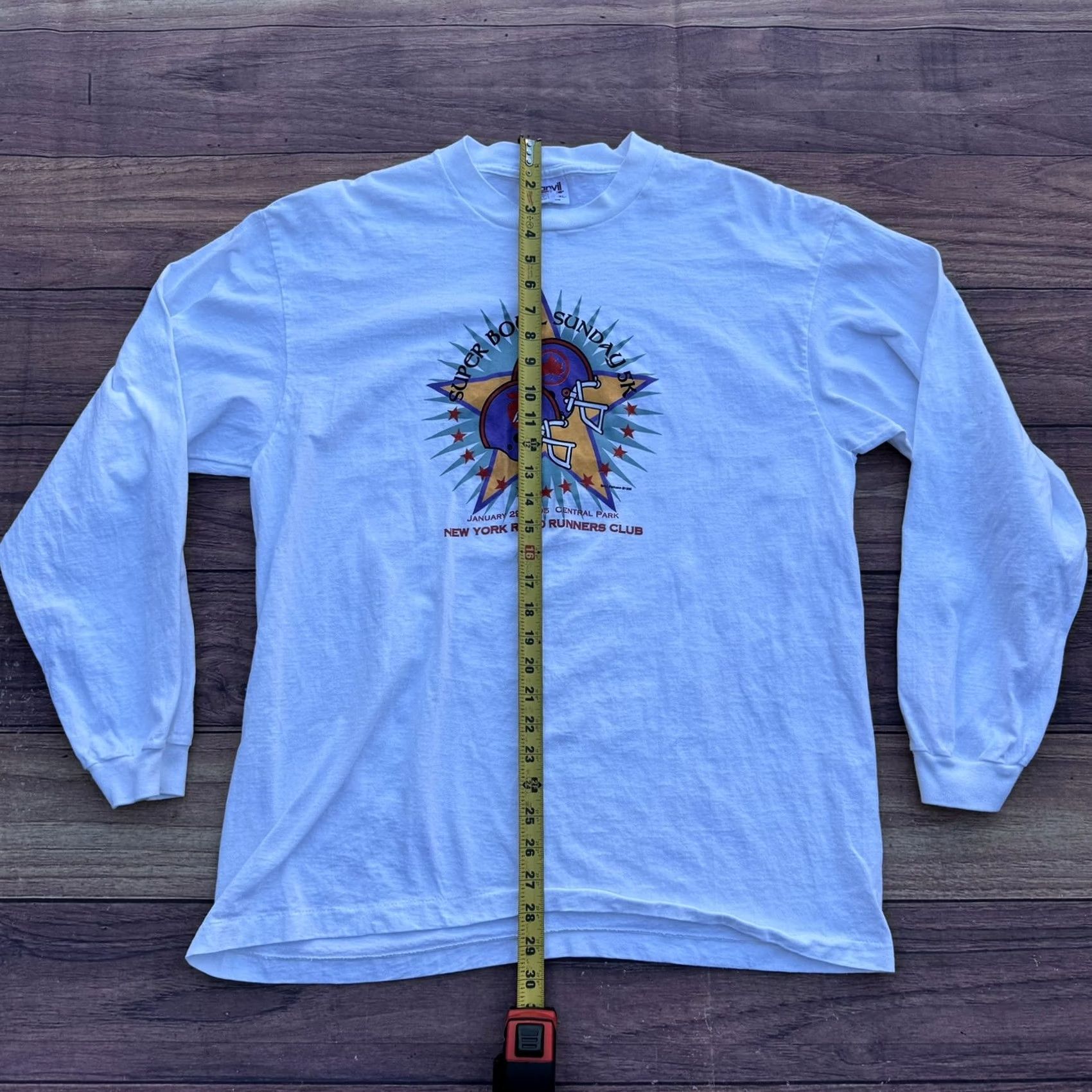 Anvil VINTAGE New York City Central Park Road Runners Super Bowl Sunday Shirt 1995 XL White Mens Size US XL / EU 56 / 4 - 3 Thumbnail