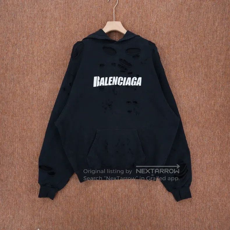 Balenciaga Balenciaga Black Distressed Hooded Sweatshirt Size US XXS / EU 40 - 1 Thumbnail
