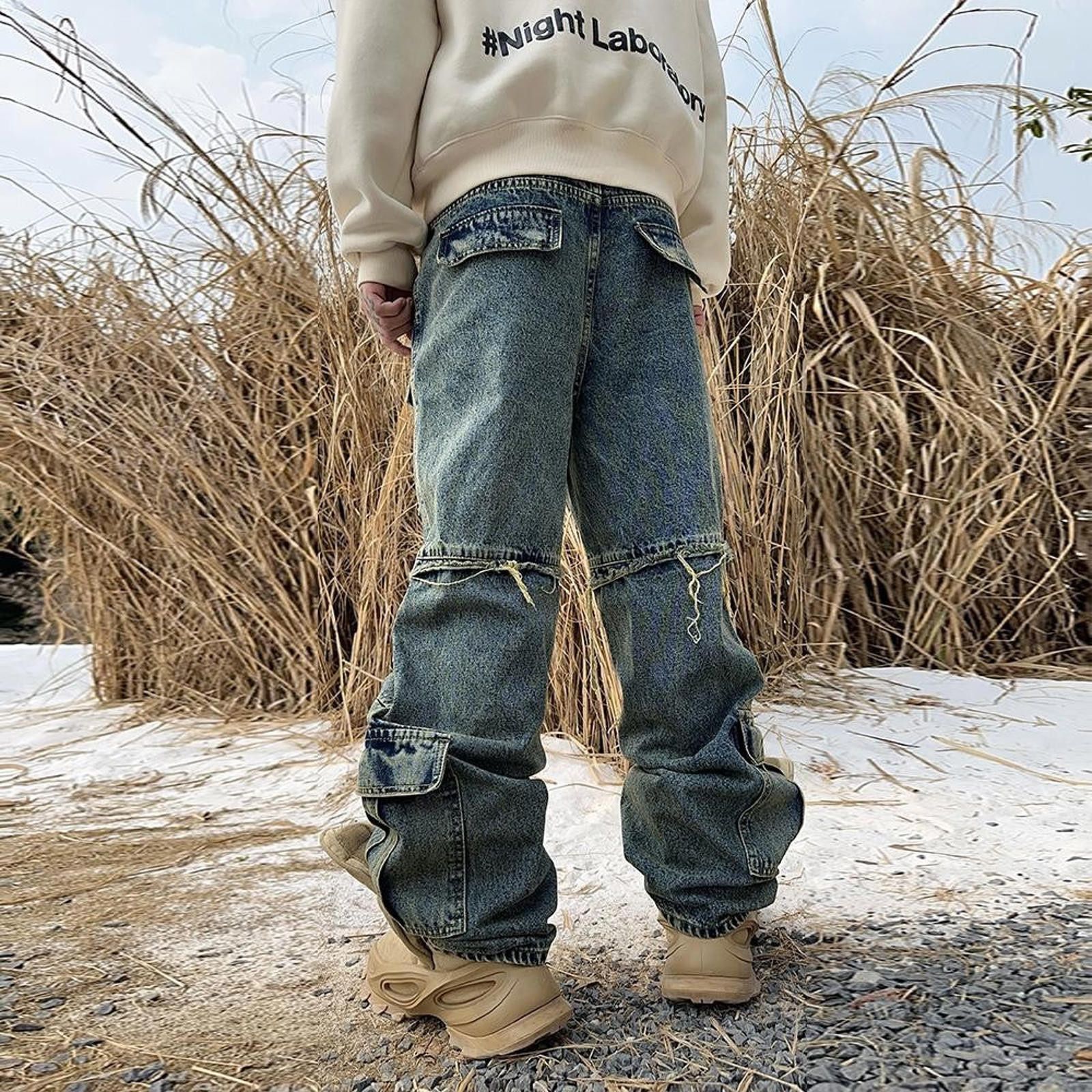 Jean × Vintage Distressed Workwear Jeans – Multi-Pocket, Flared Fit Size US 33 - 4 Thumbnail