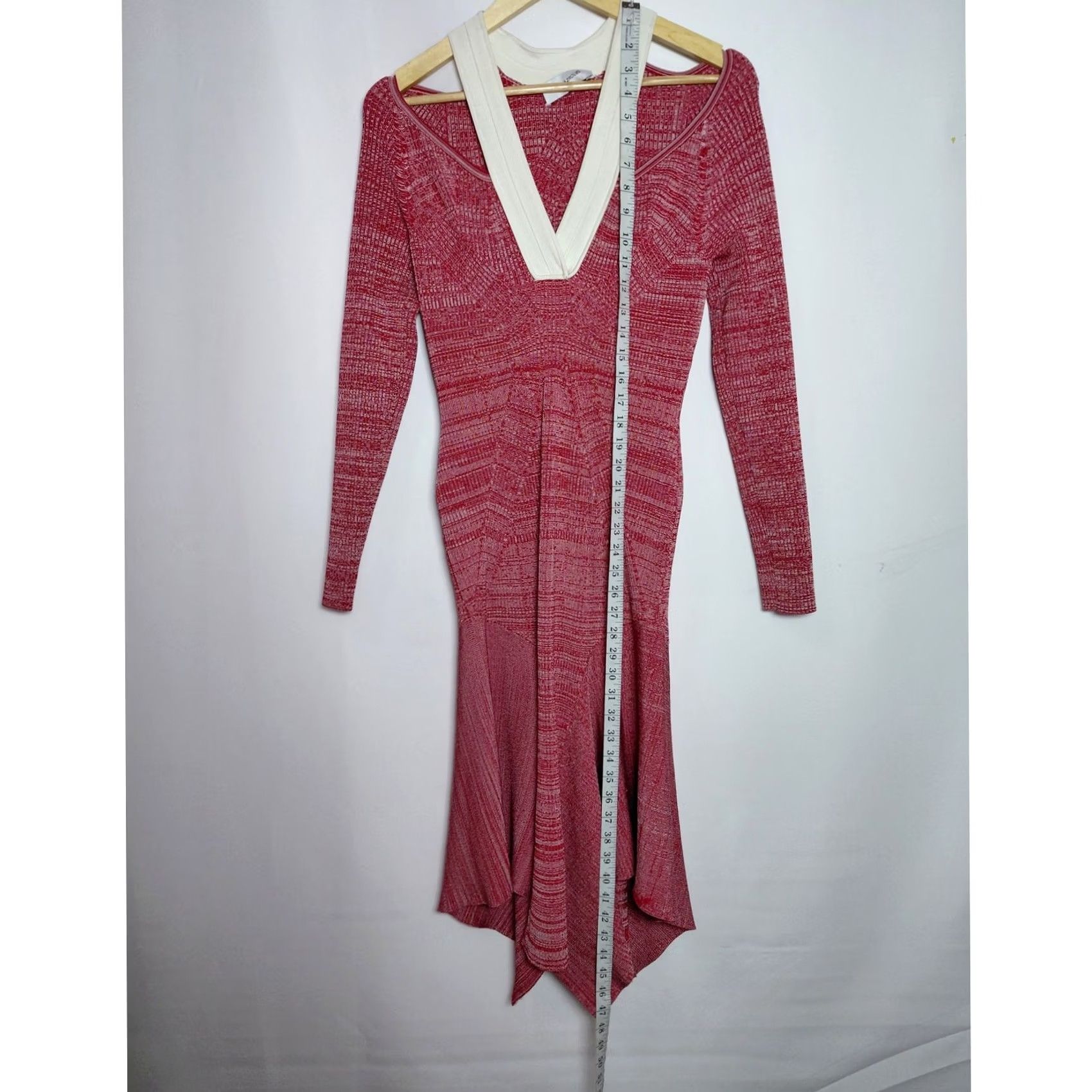Vintage YIGAL AZROUËL Red Knit Dress Long Sleeve Solid V-Neck Midi Women Size L Size L / US 10 / IT 46 - 7 Thumbnail