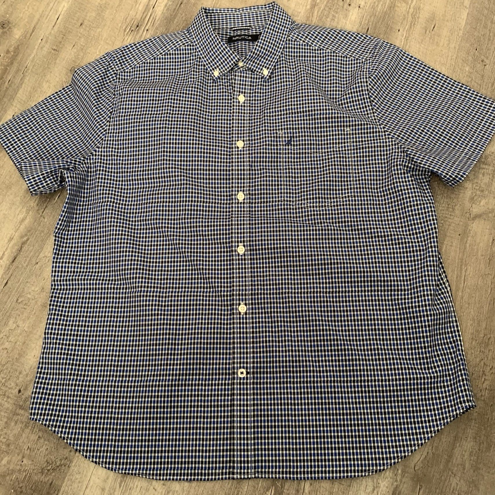 Nautica Nautica Shirt Mens XL Blue Black Check 100% Cotton Button Up Short Sleeve Pocket Size US XL / EU 56 / 4 - 3 Thumbnail