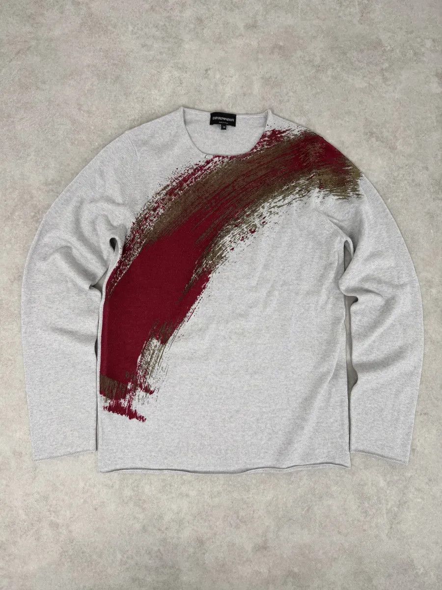 Emporio Armani 2010s Emporio Armani Grey Red Painted Line Sweater Size US M / EU 48-50 / 2 - 3 Thumbnail