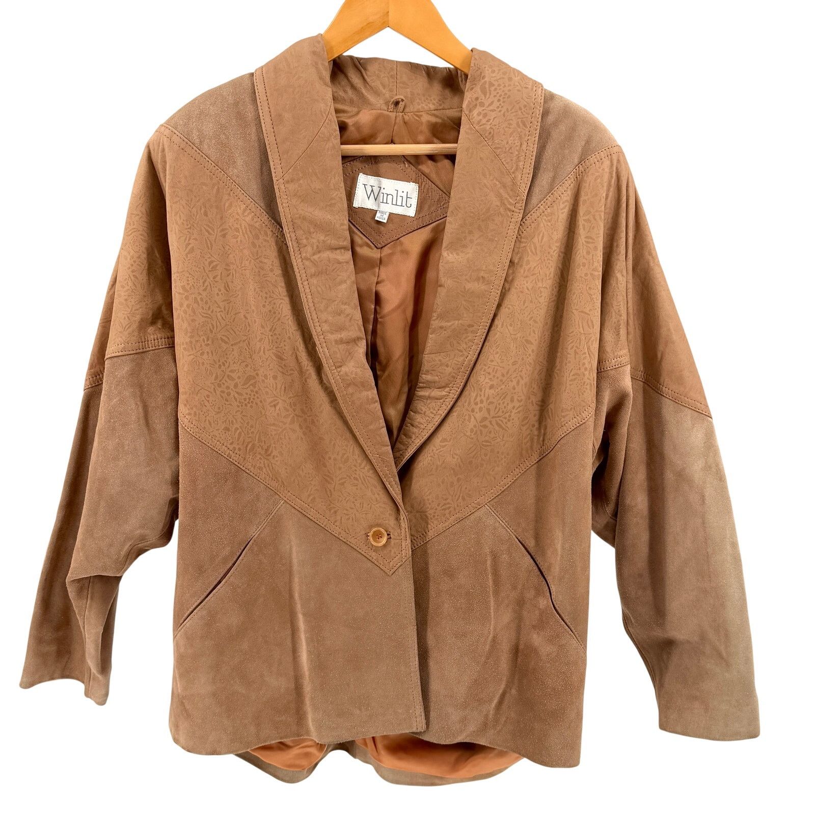 Vintage Vintage 80s Winlit Tan Genuine Leather Floral Suede Jacket Size L / US 10 / IT 46 - 1 Thumbnail