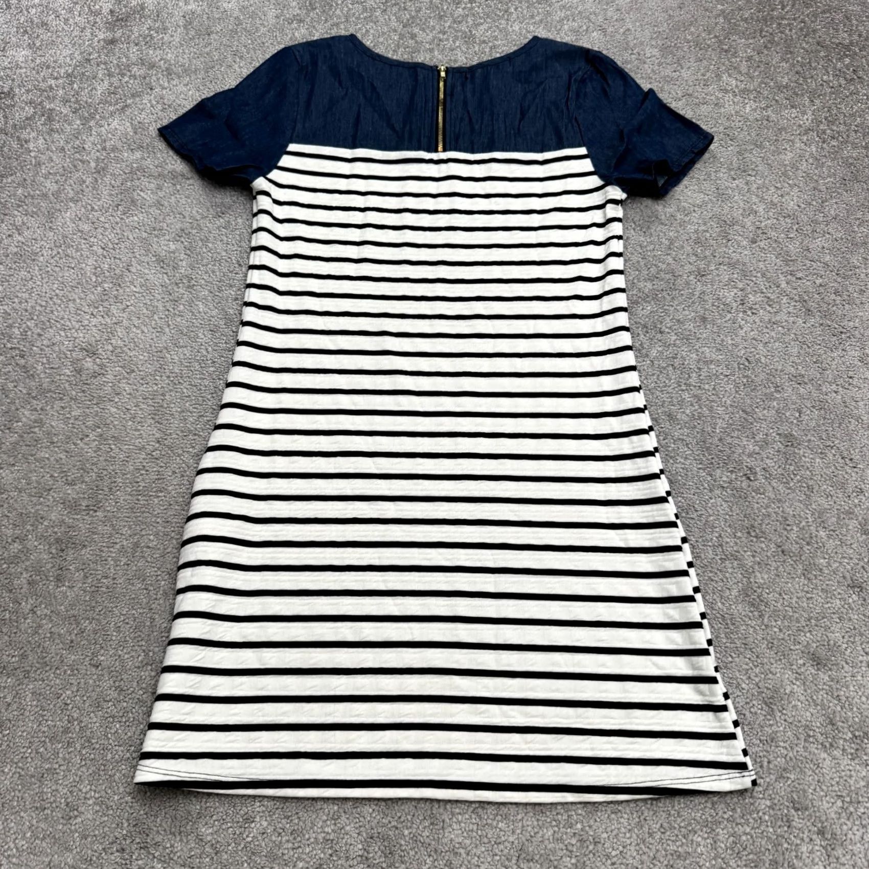 Denime Noble U Chambray Denim Shift Dress Womens Small Blue White Striped Short Sleeve Size 28" / US 6 / IT 42 - 2 Thumbnail