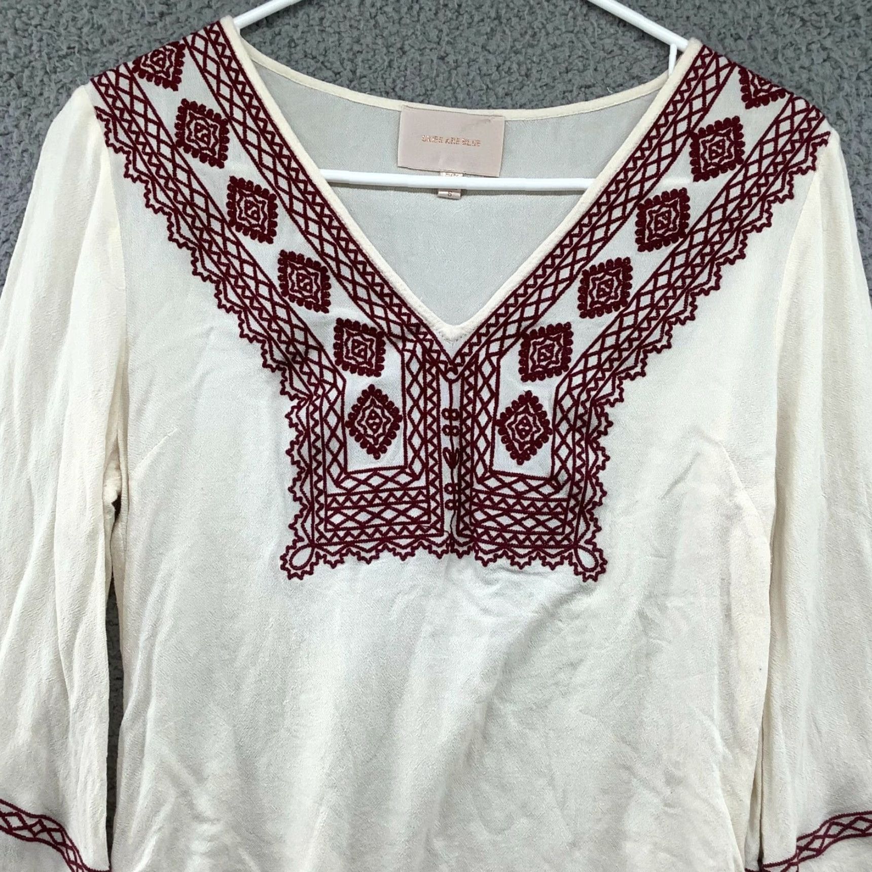 Vintage Skies Are Blue Boho Blouse Womens Small S Embroidered Chiffon V-Neck Top Red Bohemian Beach Summer Womens Size S / US 4 / IT 40 - 3 Thumbnail