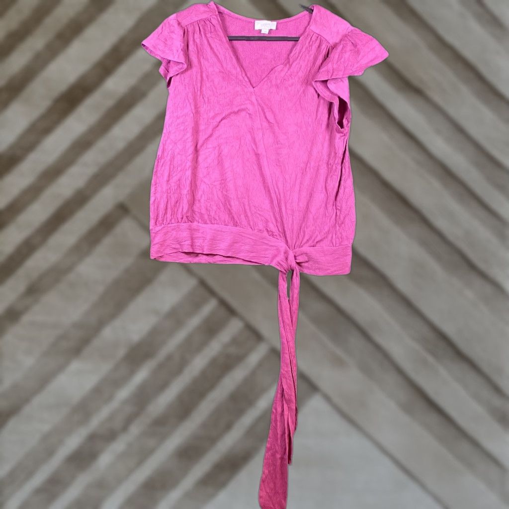 Loft LOFT Blouse V-Neck Wrap Front Tie Short Sleeve Stretch S Womens Pink Fuchsia Casual Workwear Size S / US 4 / IT 40 - 1 Thumbnail