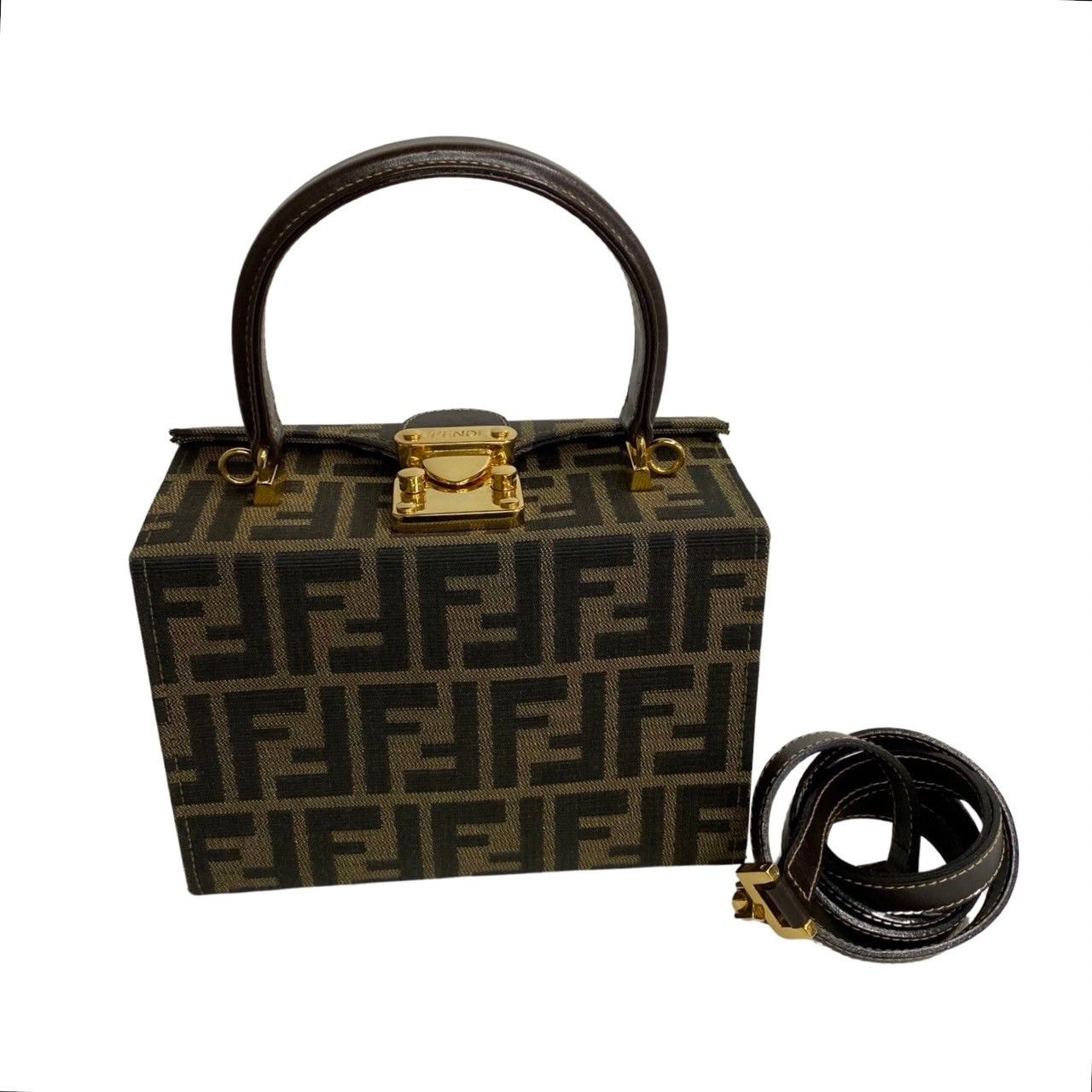 image of Fendi Zucca Convertible Push Lock Box Bag in Brown, Women's