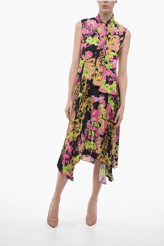 image of Versace Tie Neck Floral Patterned Silk Shirt Dress With Accordion Sk, Women's (Size Small)