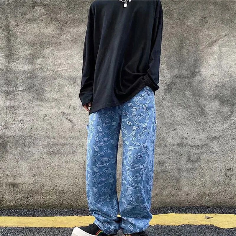 Print Cashew Flower Straight Jeans