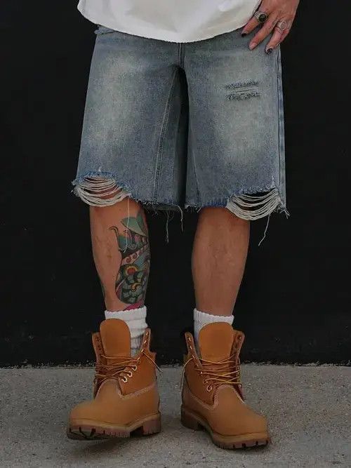 Other RIPPED washed denim jeans shorts jorts Size US 33 - 3 Thumbnail