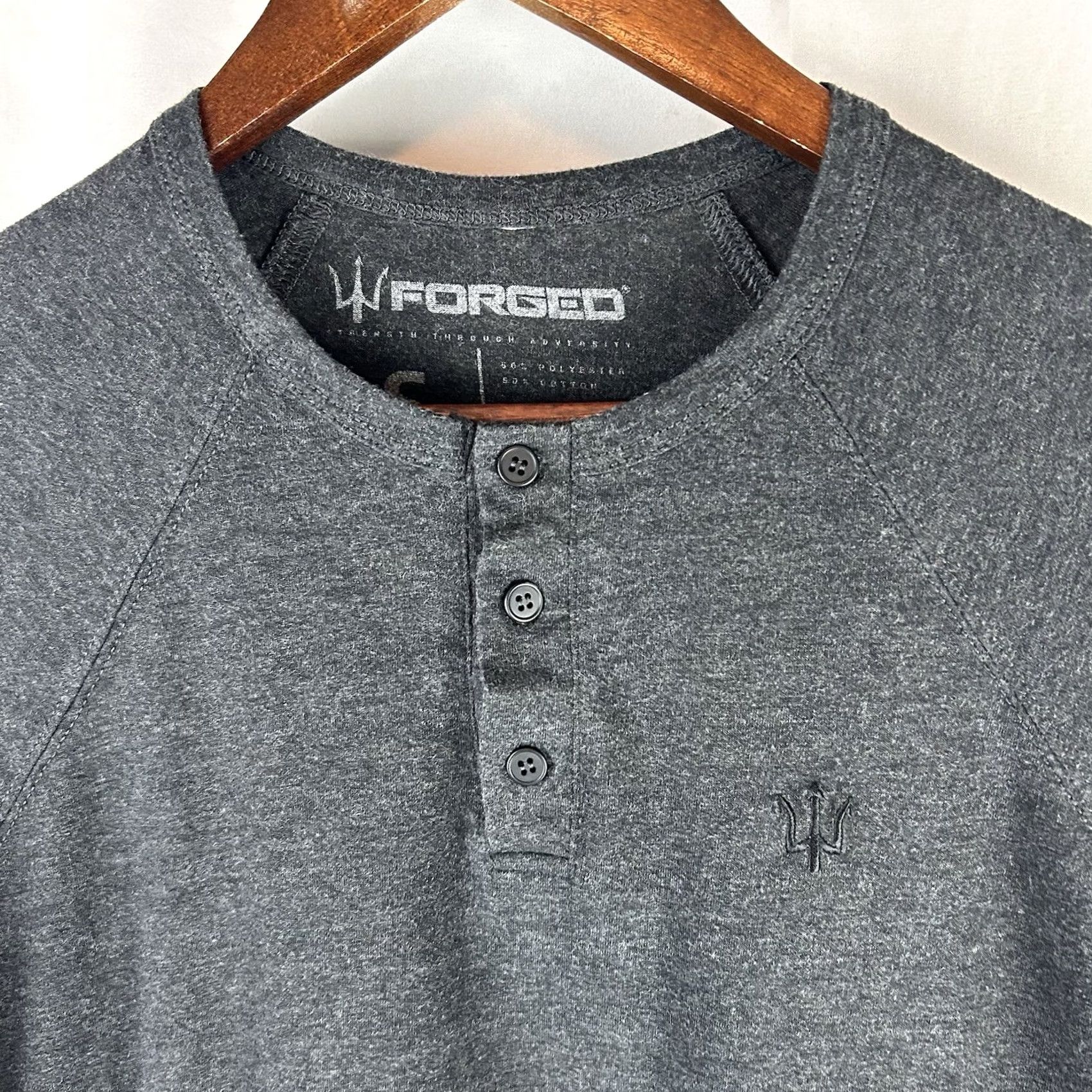Vintage FORGED Henley T-Shirt USA Made Small Men Regular Short Sleeve Gray Heather Dark Gray Cotton Blend Polyester Button Navy Seals Military USA Mens Shirt Size US S / EU 44-46 / 1 - 2 Thumbnail