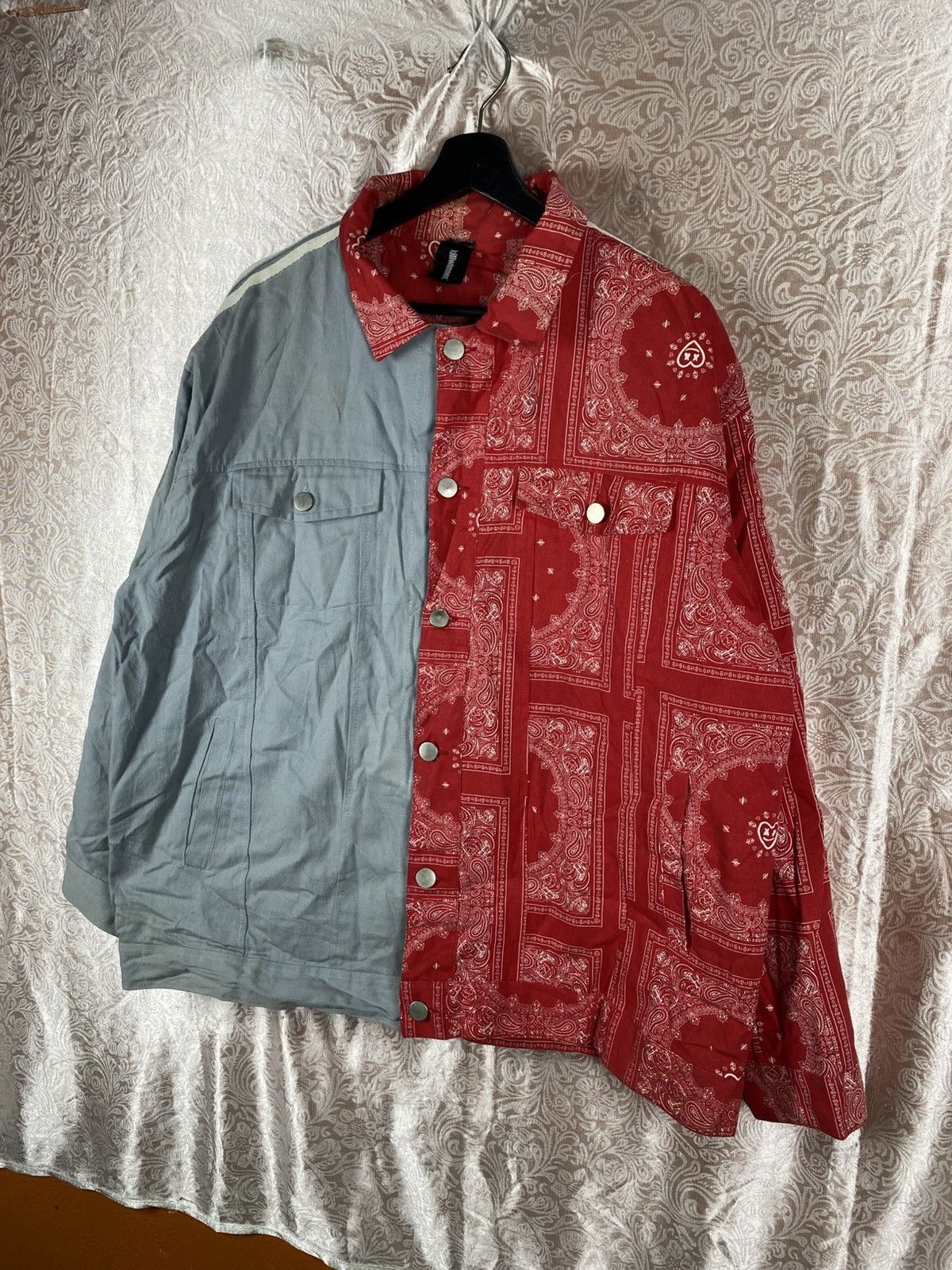 Japanese Brand Vintage KILLWINNER Split Bandana Jacket Red Grey Patchwork Size US XL / EU 56 / 4 - 4 Thumbnail