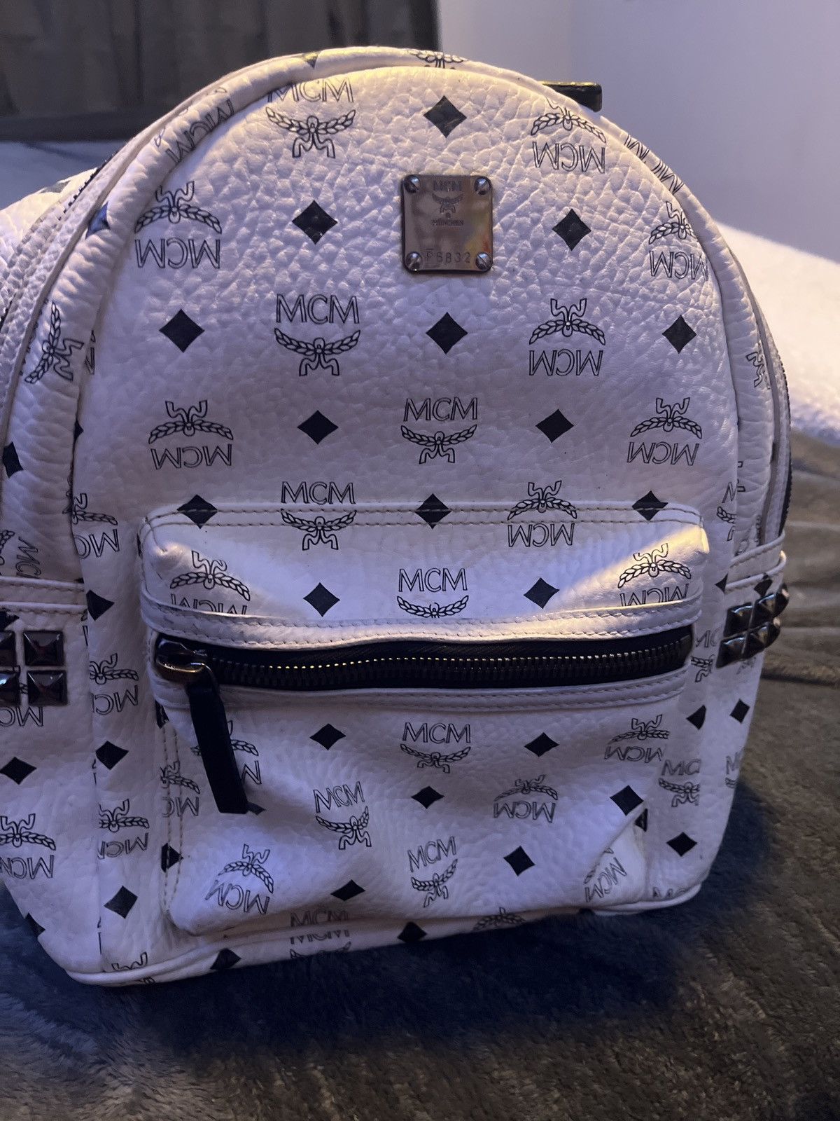 White Mcm studded mini backpack