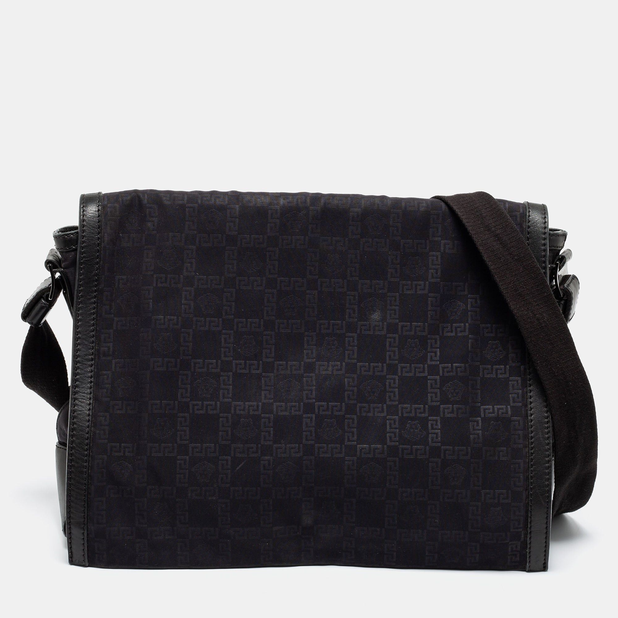 image of Versace Black Signature Nylon Messenger Bag, Women's
