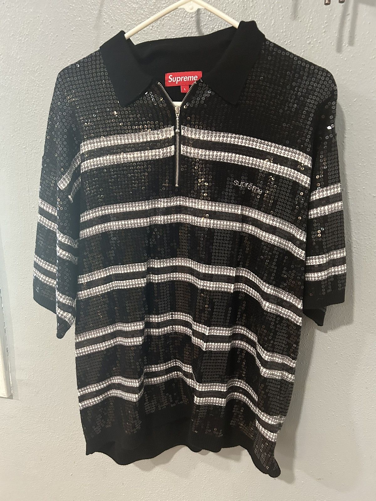 質屋 SUPREME Sequin Stripe Zip Polo BLACK Ｌ | erational.com