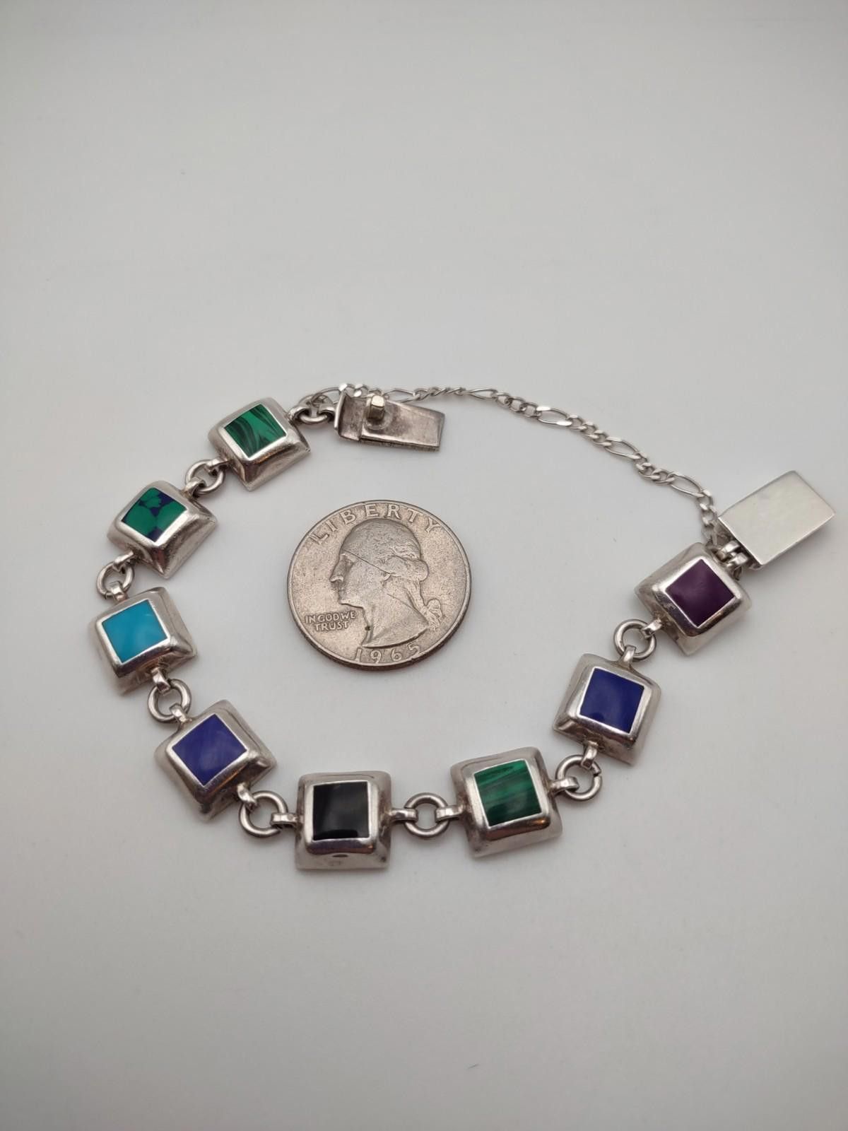 The Unbranded Brand Vintage Mexico 925 Sterling Multi Stone Inlay Bracelet Size ONE SIZE - 5 Thumbnail