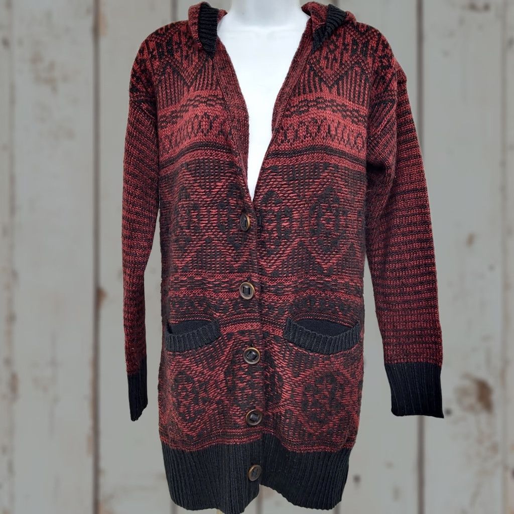 Miss Me Miss Me Cardigan Sweater Womens Small Dark Red Acrylic Knit Hooded Button Snap Knit Style Cardigan Bohemian Size S / US 4 / IT 40 - 1 Thumbnail