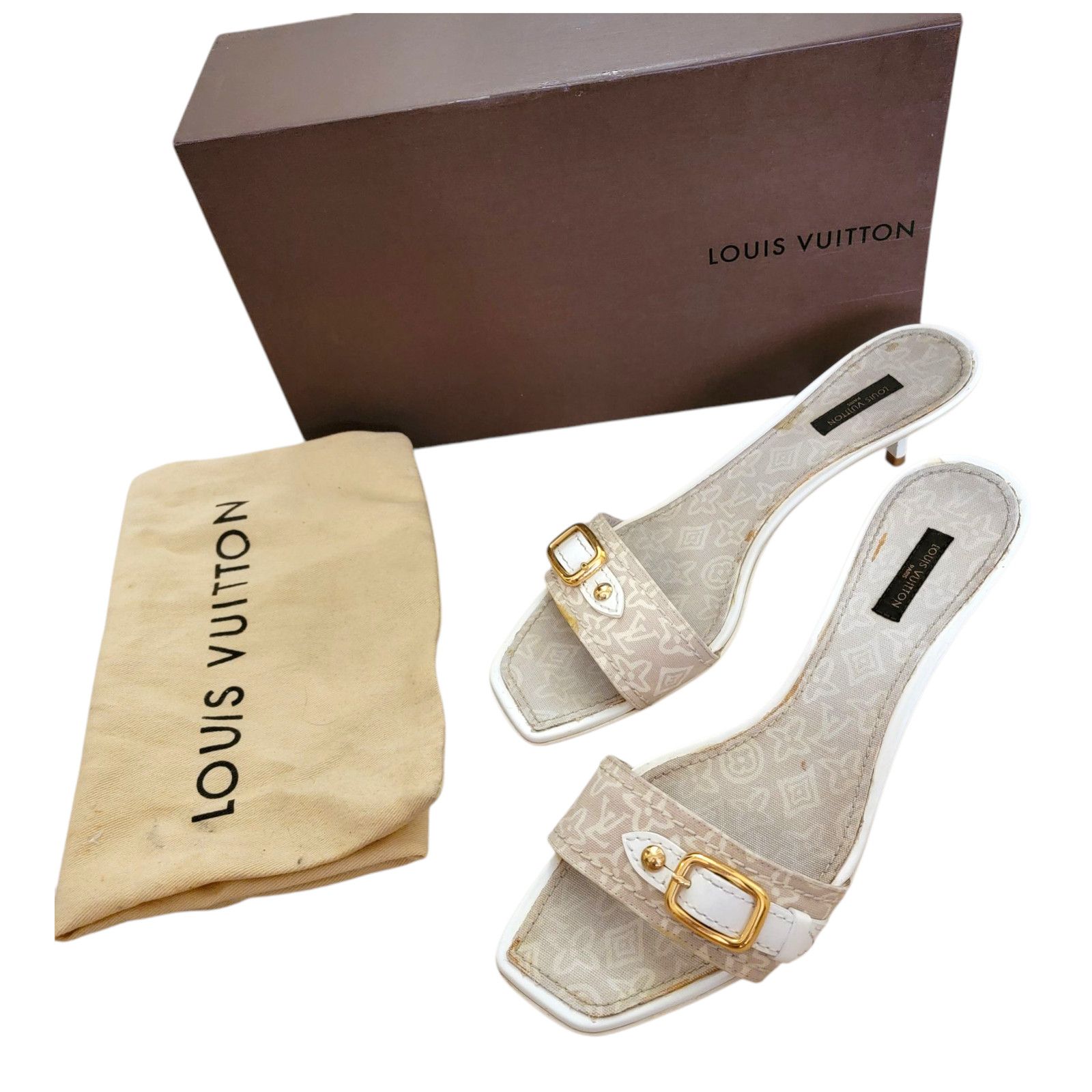 Louis Vuitton Vintage Monogram Sandals Kitten Heel Shoes White in Beige, Women's (Size 9)