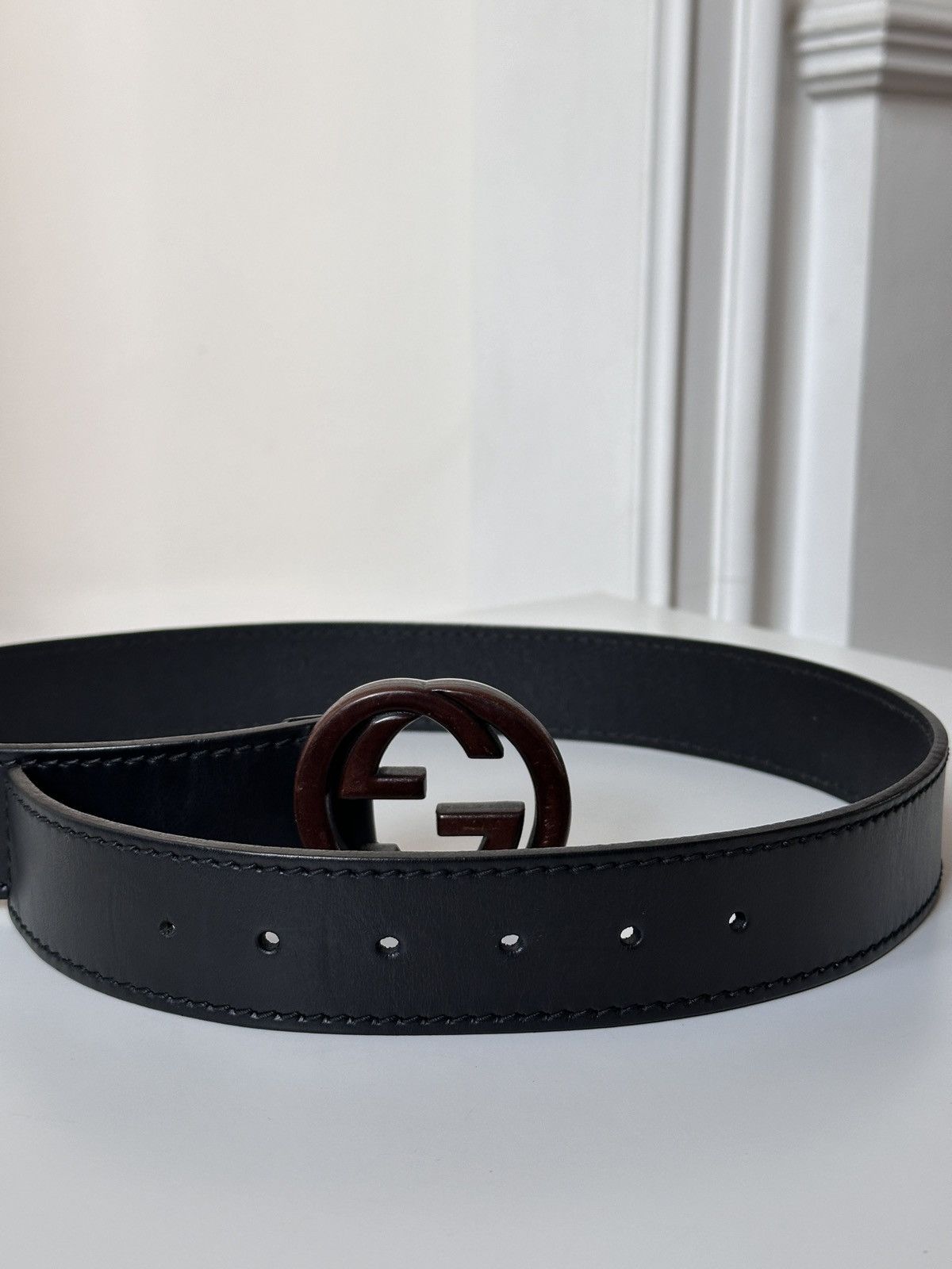 Gucci GUCCI Wooden Brown Buckle Leather Double GG Belt Size: 85/34 Size 30 - 6 Thumbnail